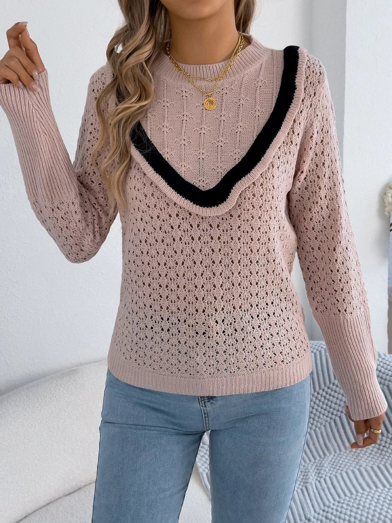 Hollow-Out Knit Top with Contrast Trim