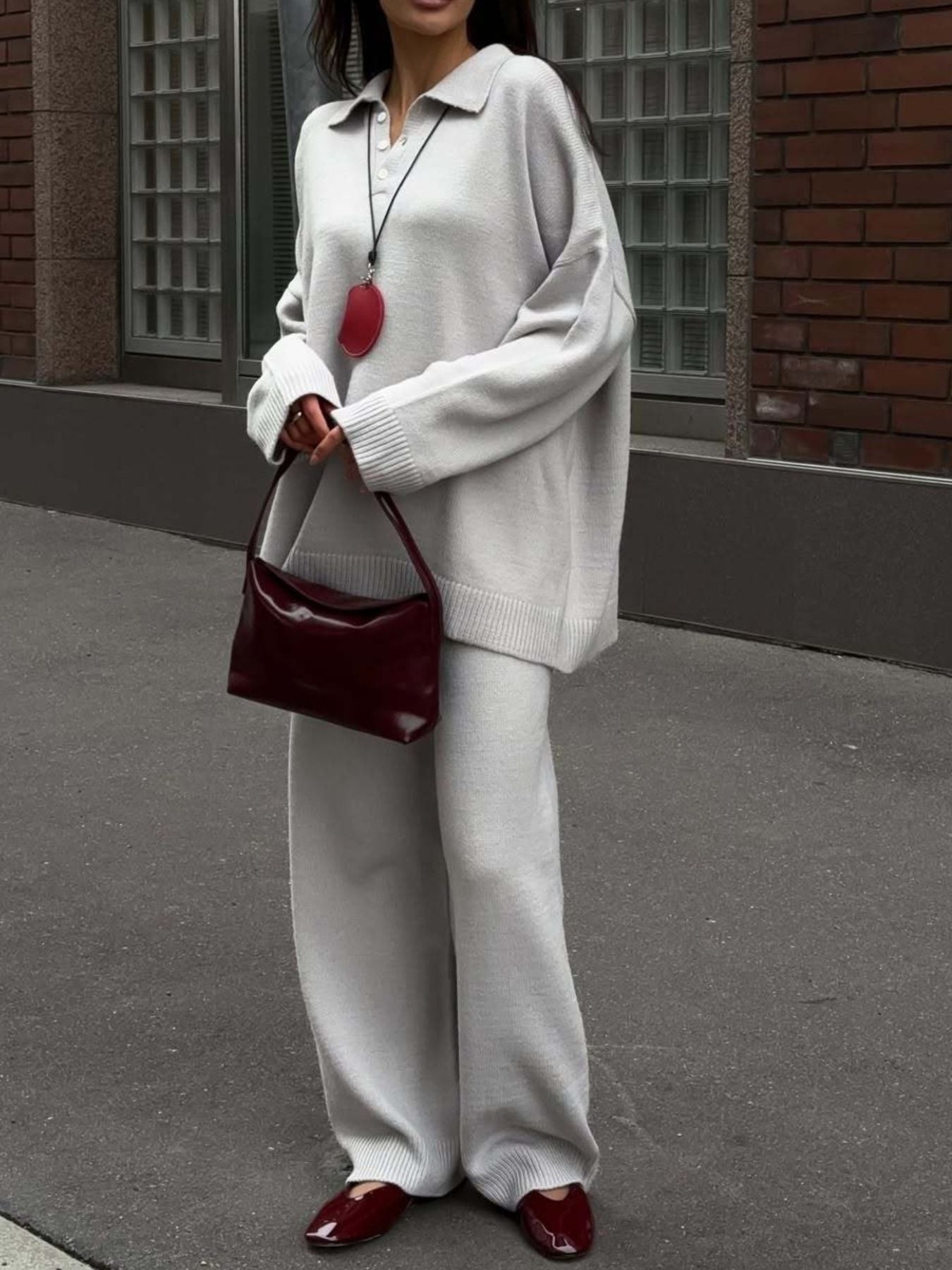 Polo Collar Top and Wide Leg Pants Knit