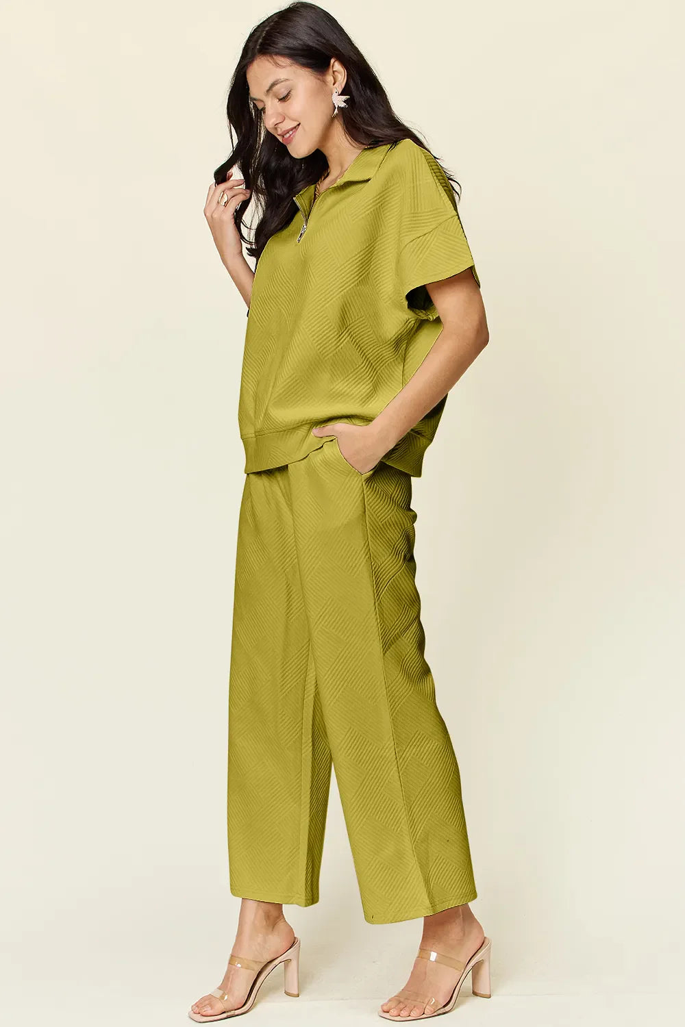 Double Take Full Size Texture Half Zip Short