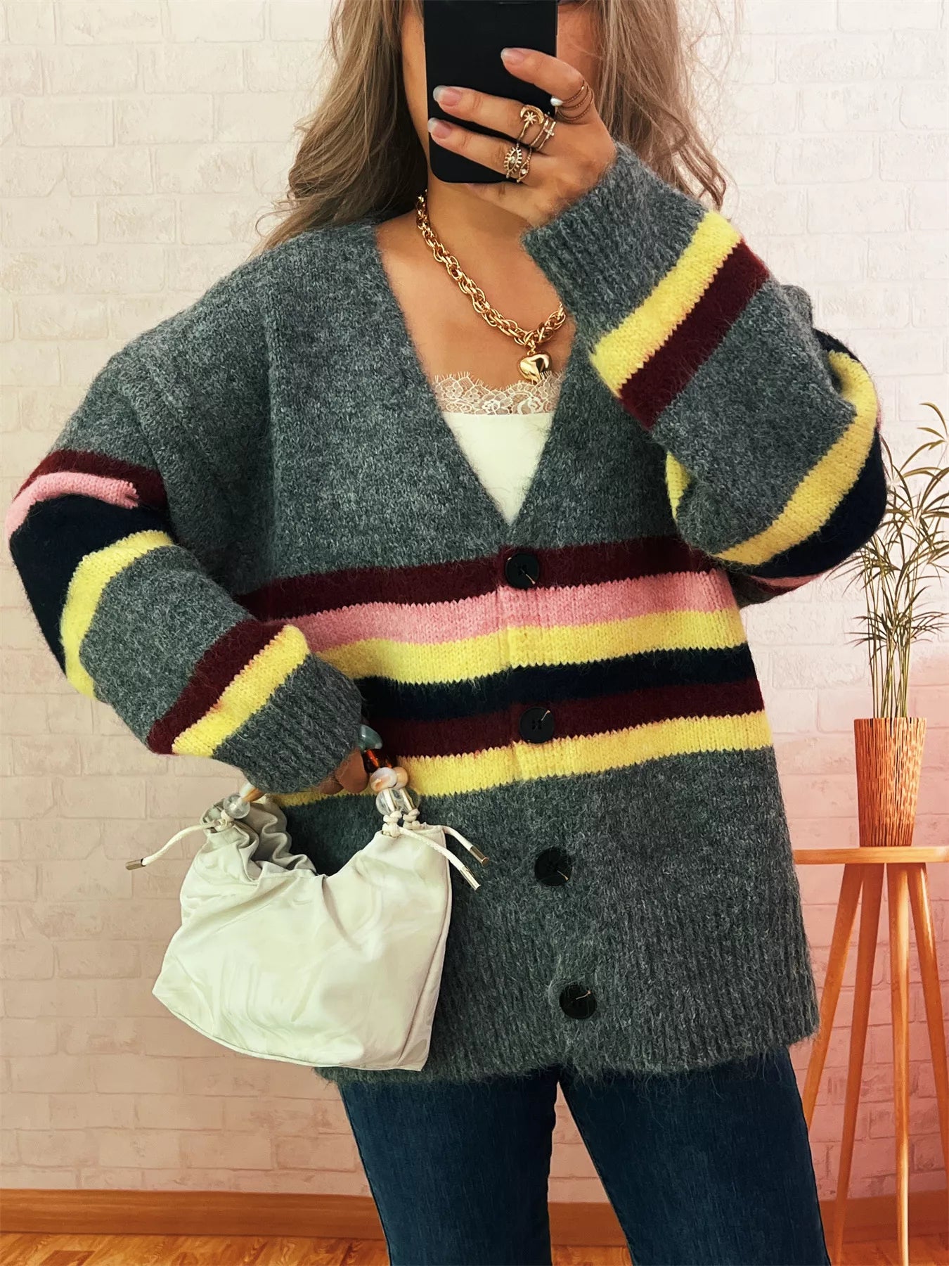Ribbed Striped Button Down Cardigan