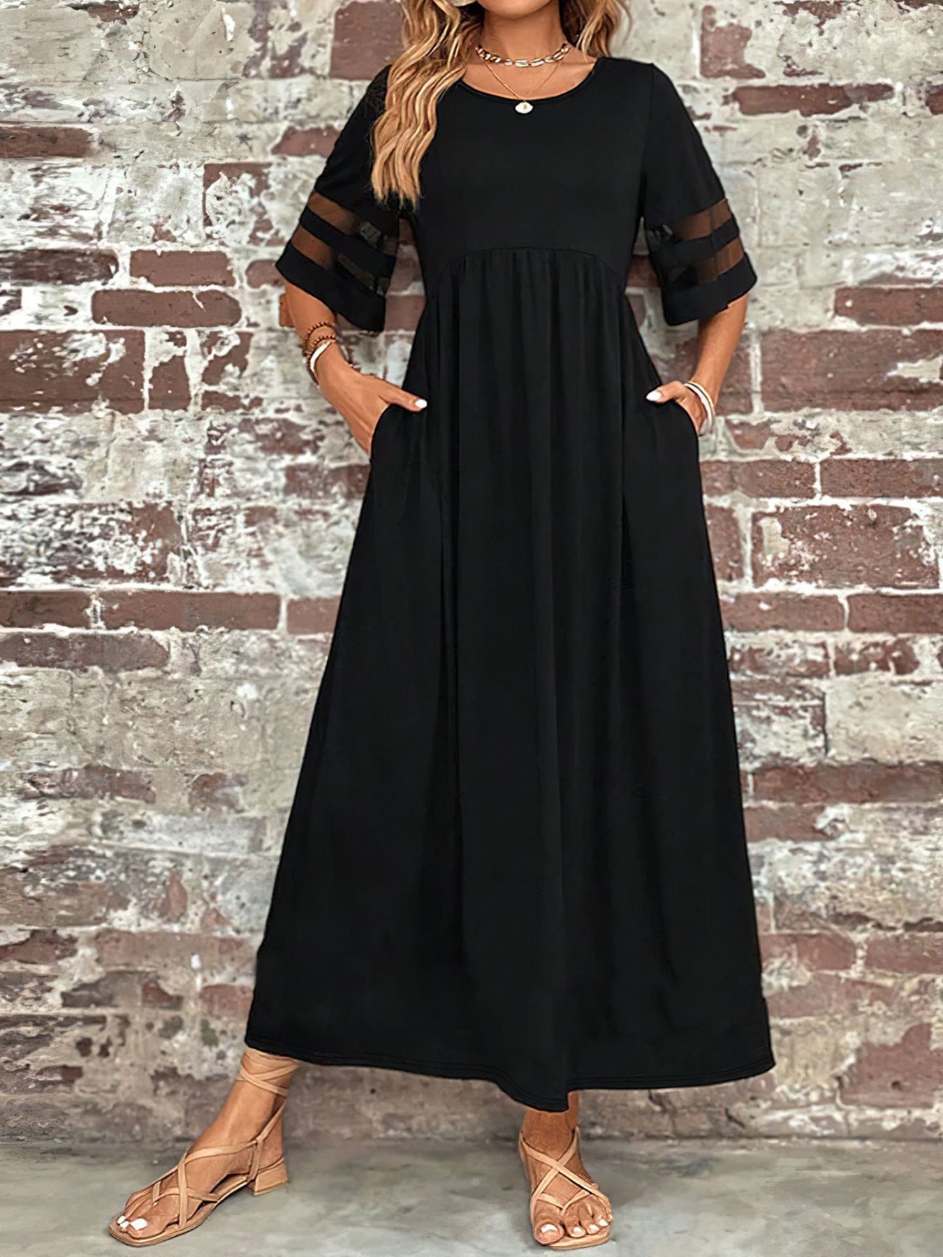 Plus Size Mesh Sleeve Round Neck Dress with