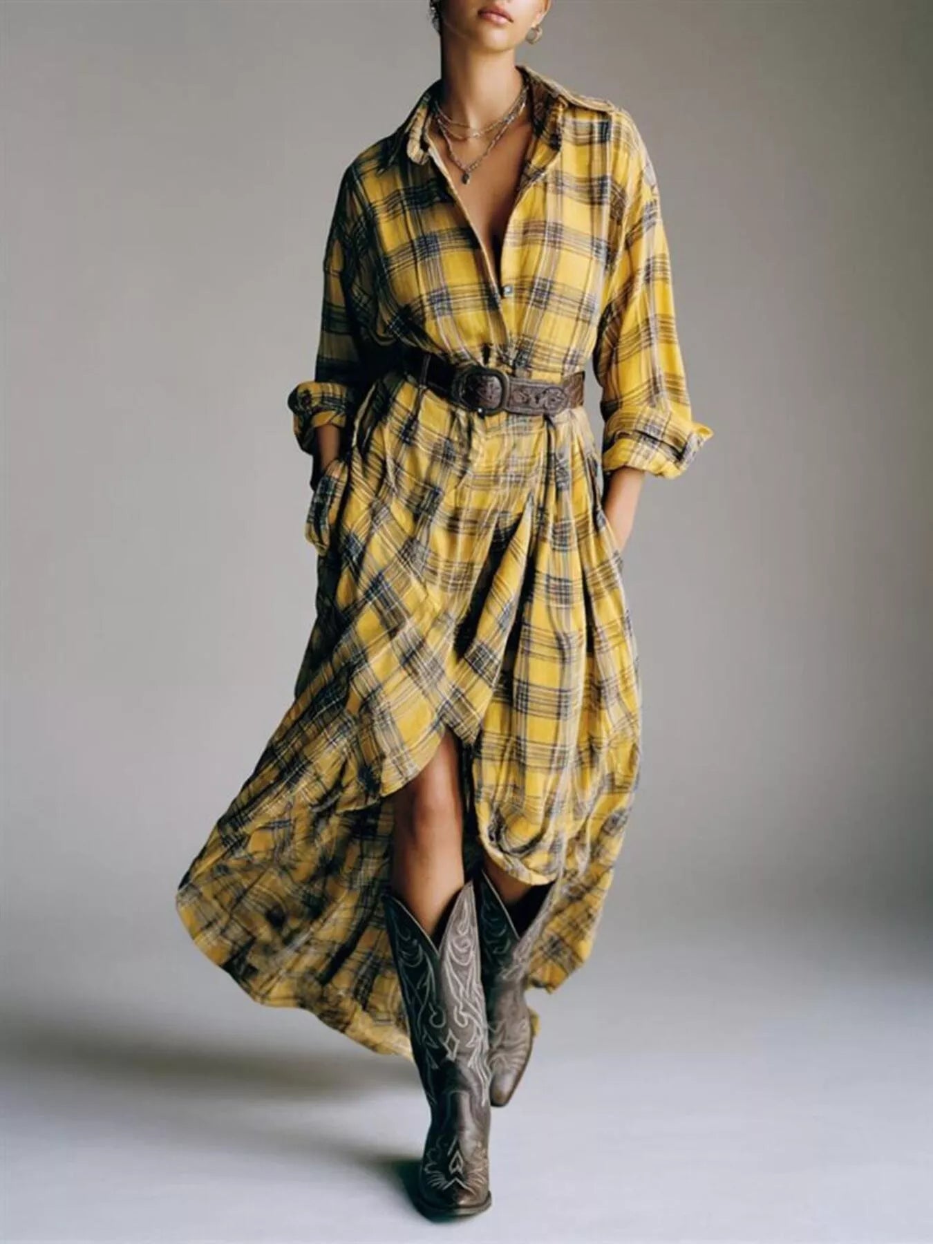 Full Size Plaid High-Low Long Sleeve Shirt Dress