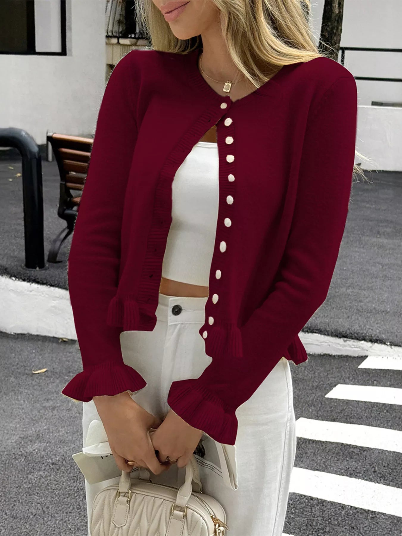 Ruffled Trim Button-Up Knit Cardigan
