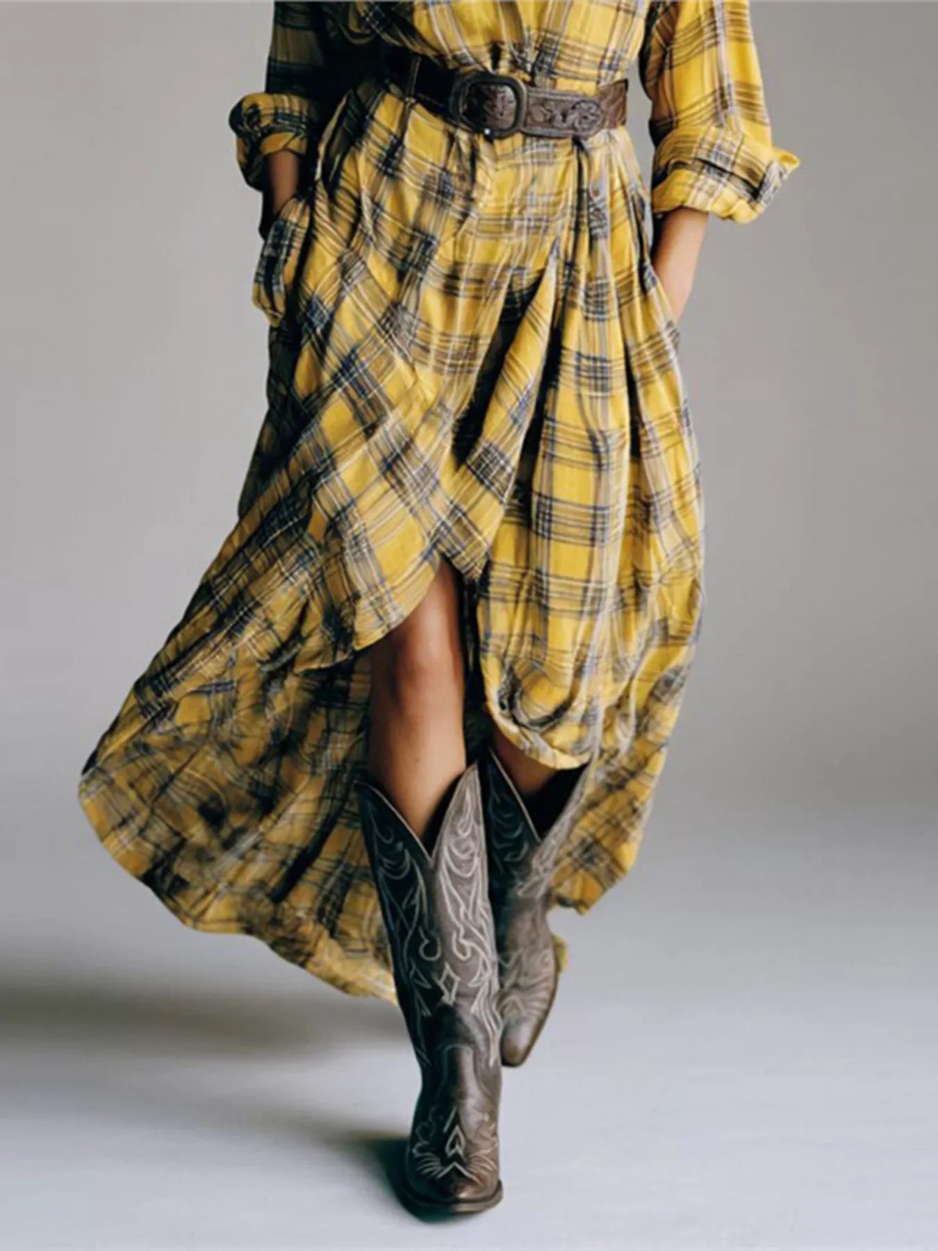 Full Size Plaid High-Low Long Sleeve Shirt Dress