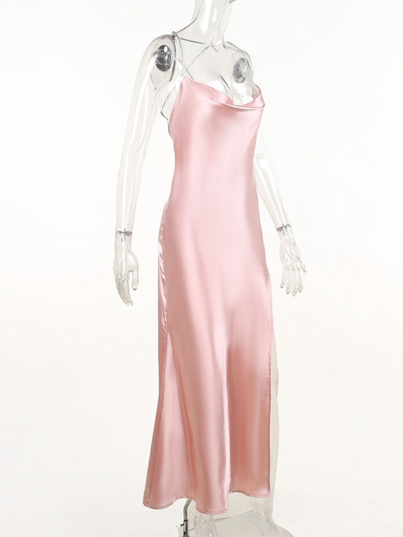 Slinky Satin Cowl Neck High Slit Dress with
