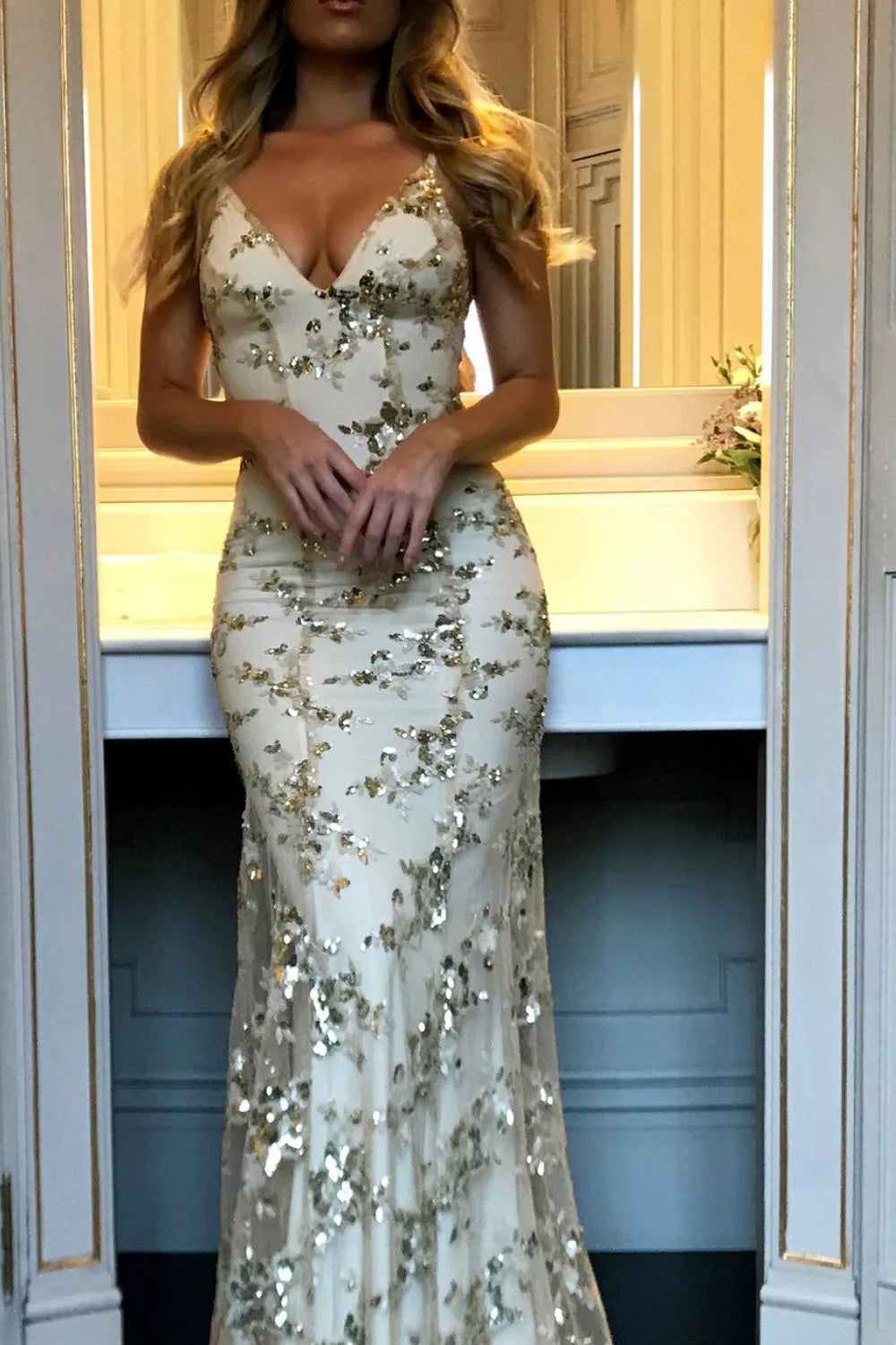 Full Size Sequin Tie Back V-Neck Maxi Dress