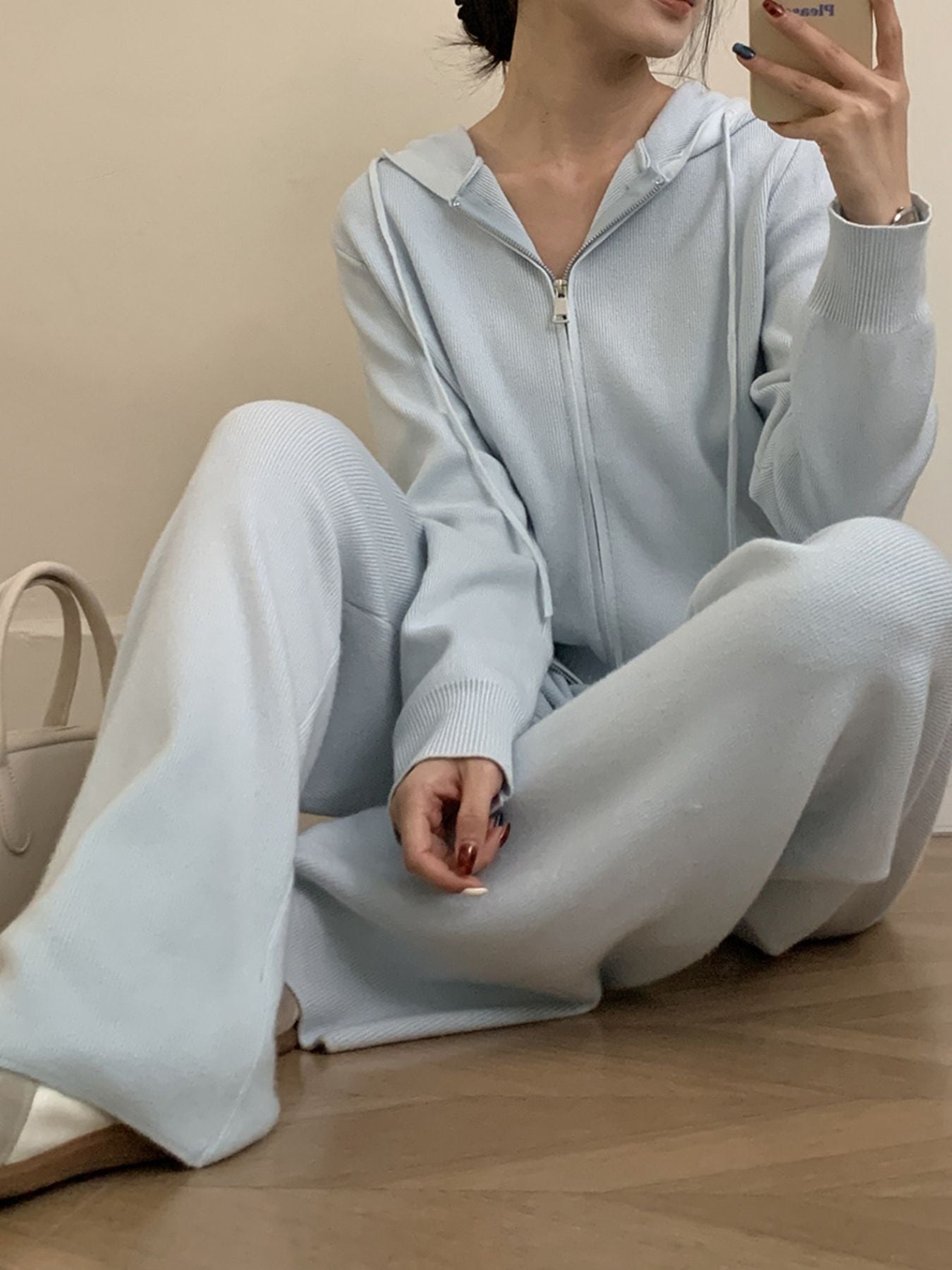 Zip Up Cardigan and Drawstring Wide Leg Pants