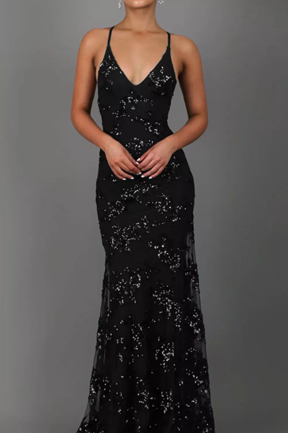 Full Size Sequin Tie Back V-Neck Maxi Dress