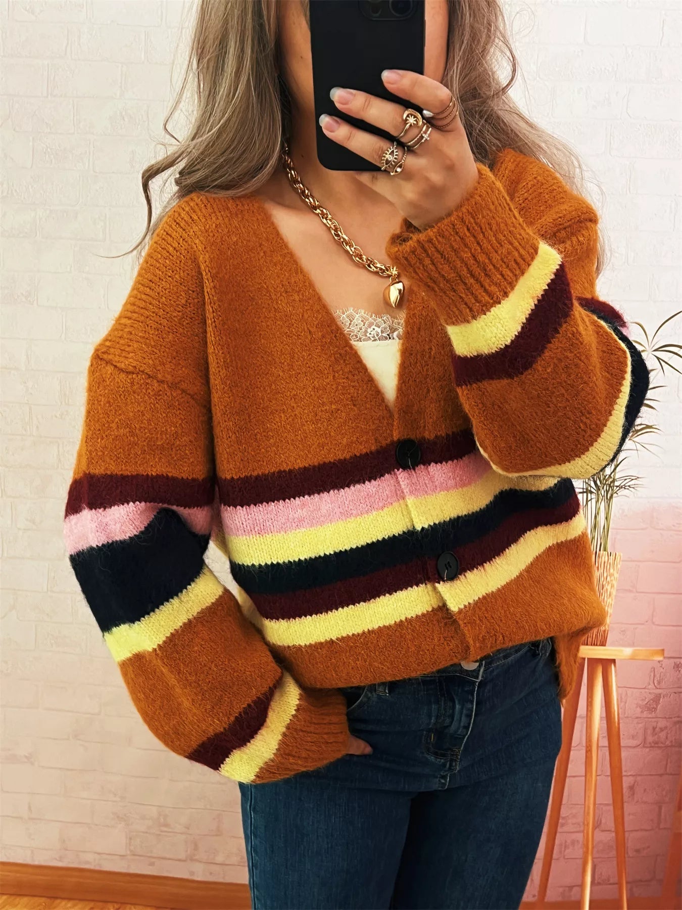 Ribbed Striped Button Down Cardigan