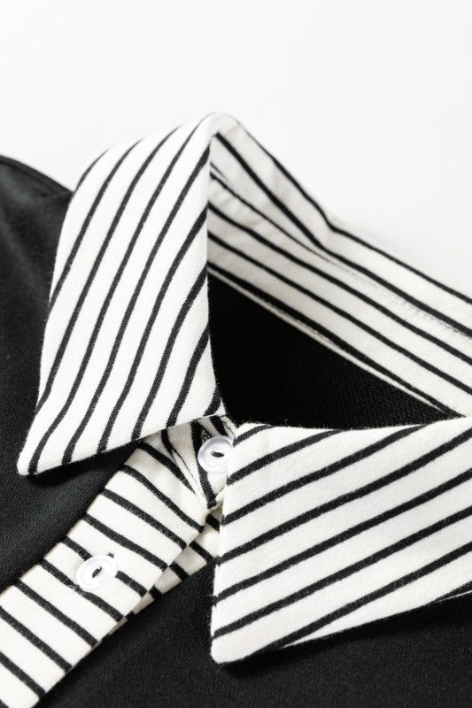 Plus Size Stripe Cuffs Collared Ruffle Hem Dress