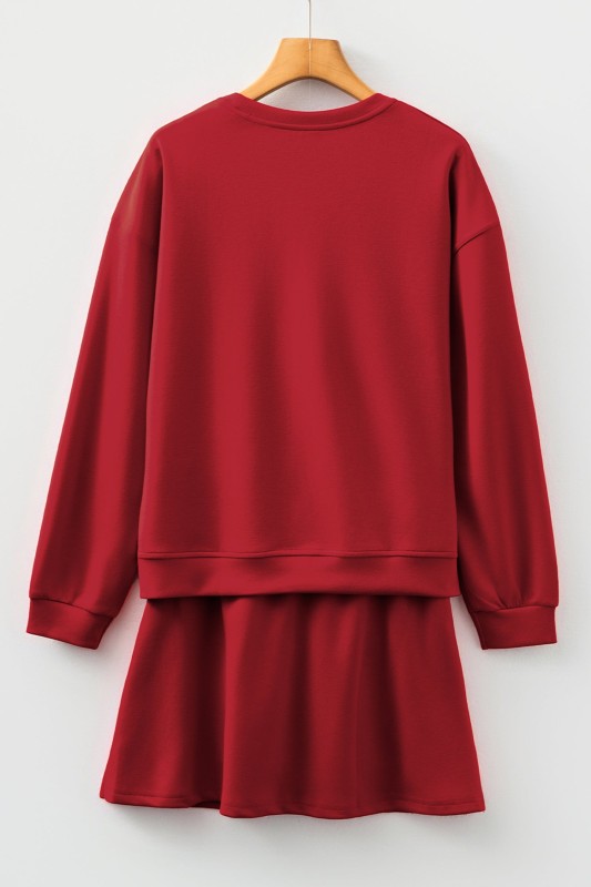 Solid Drop Shoulder Pullover and Mini Skirt Set