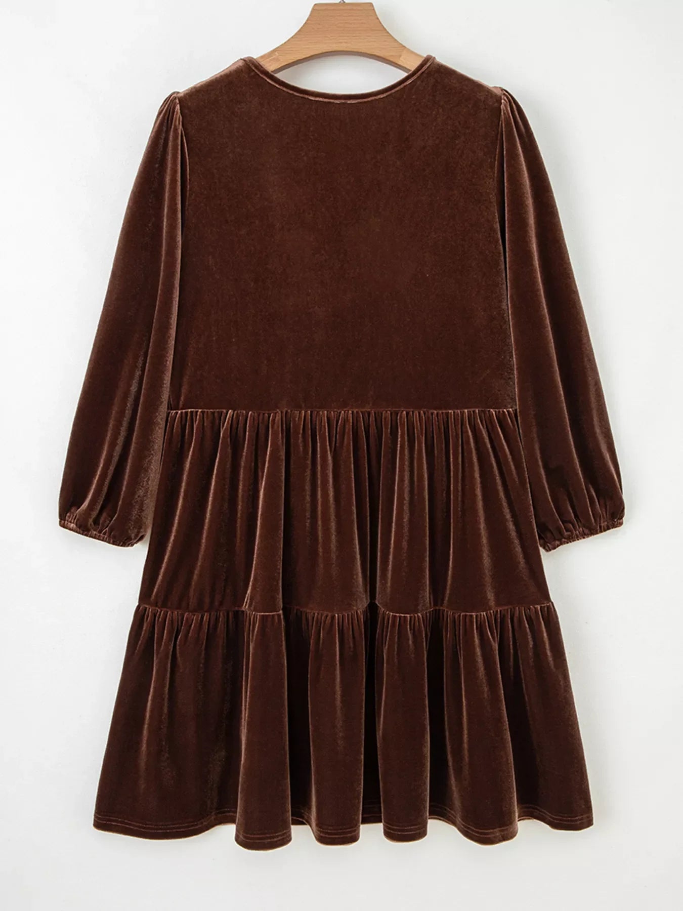 Solid Color Velvet V Neck Long Sleeve Tiered
