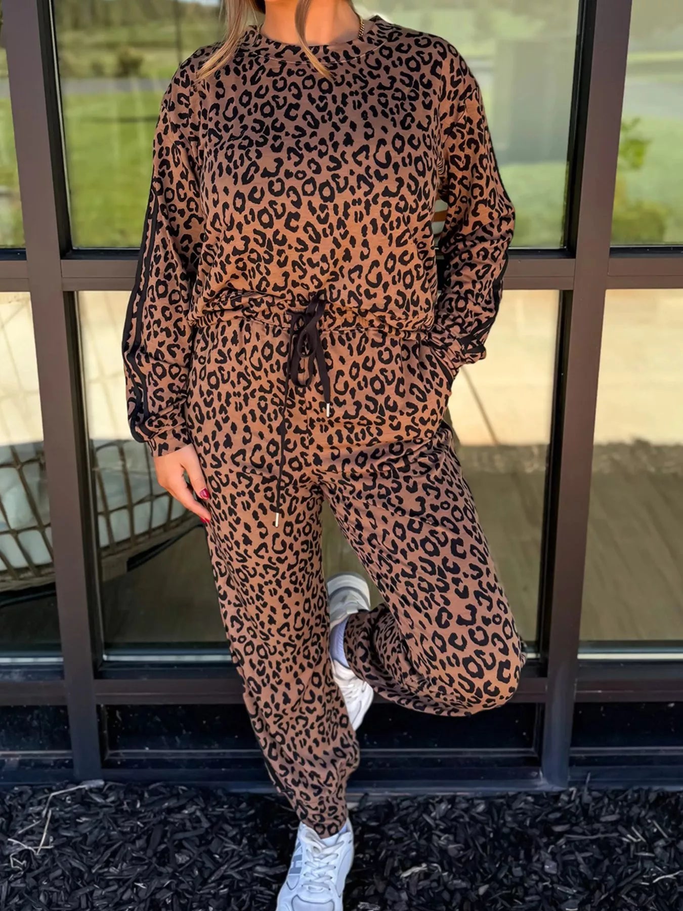 Striped Trim Leopard Long Sleeve Top Drawstring Pant