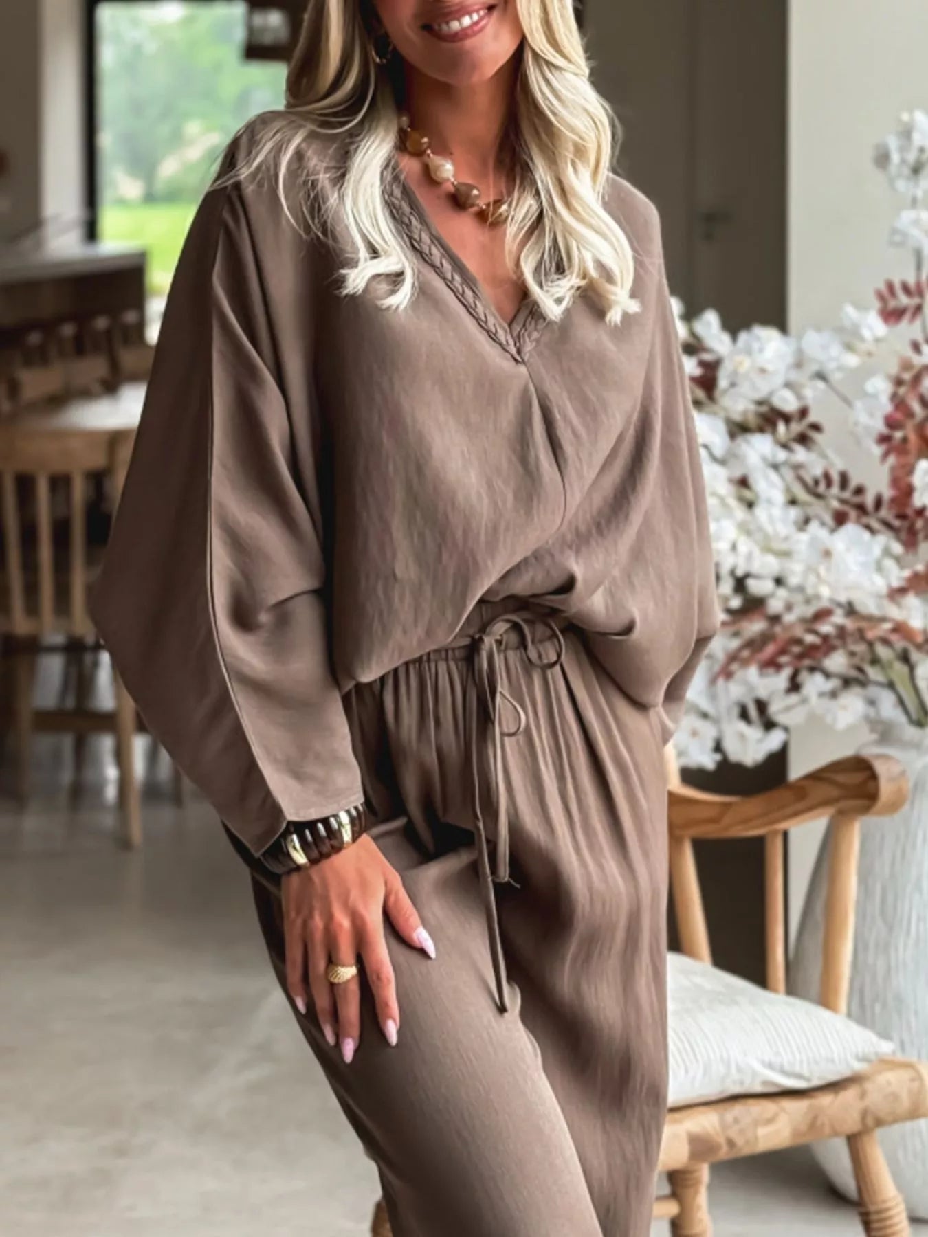 Braided V Neck Long Sleeve Loose Top and