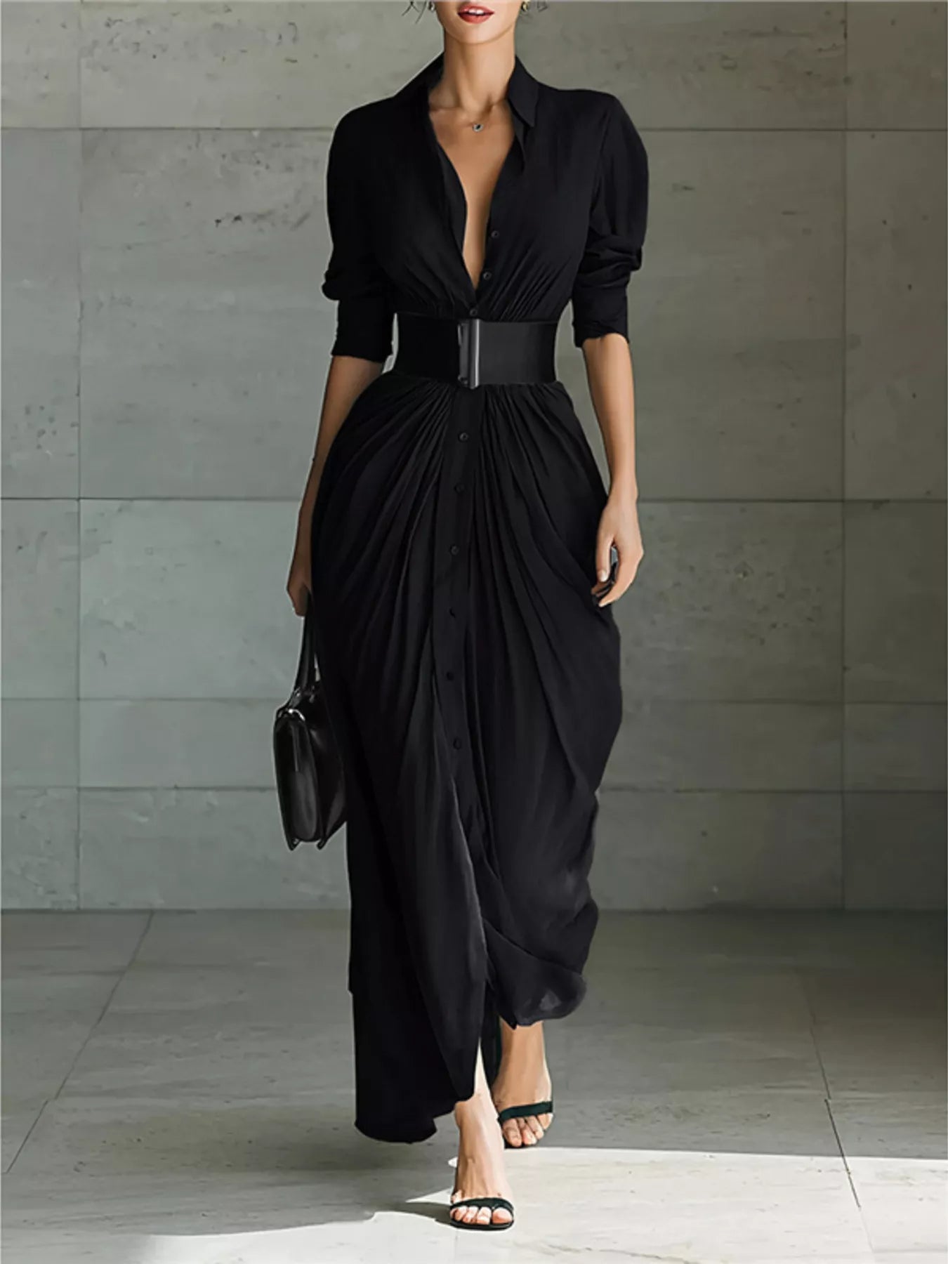 Full Size Button Front Ruched Shirt Maxi Dress