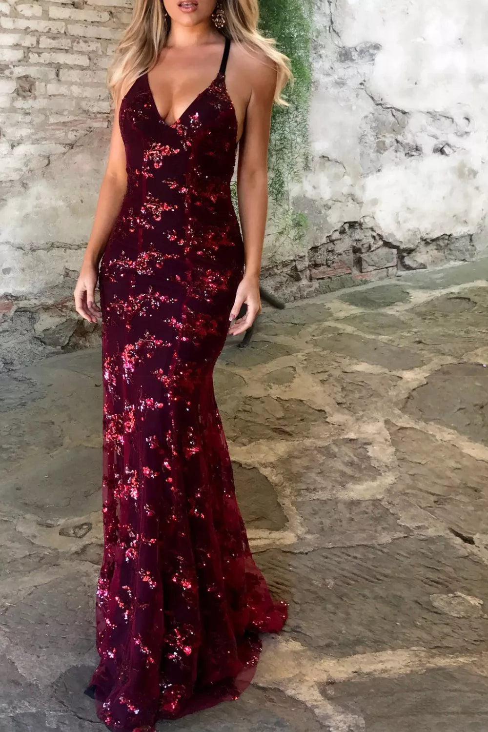 Full Size Sequin Tie Back V-Neck Maxi Dress