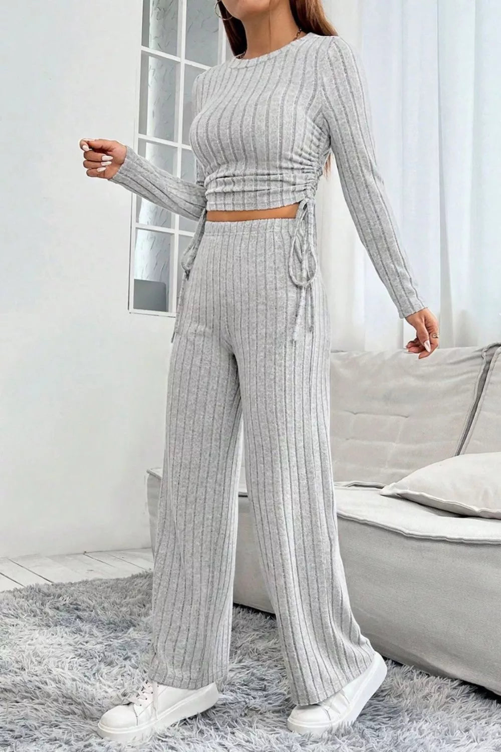 Ribbed Knit Long Sleeve Top & Wide Leg