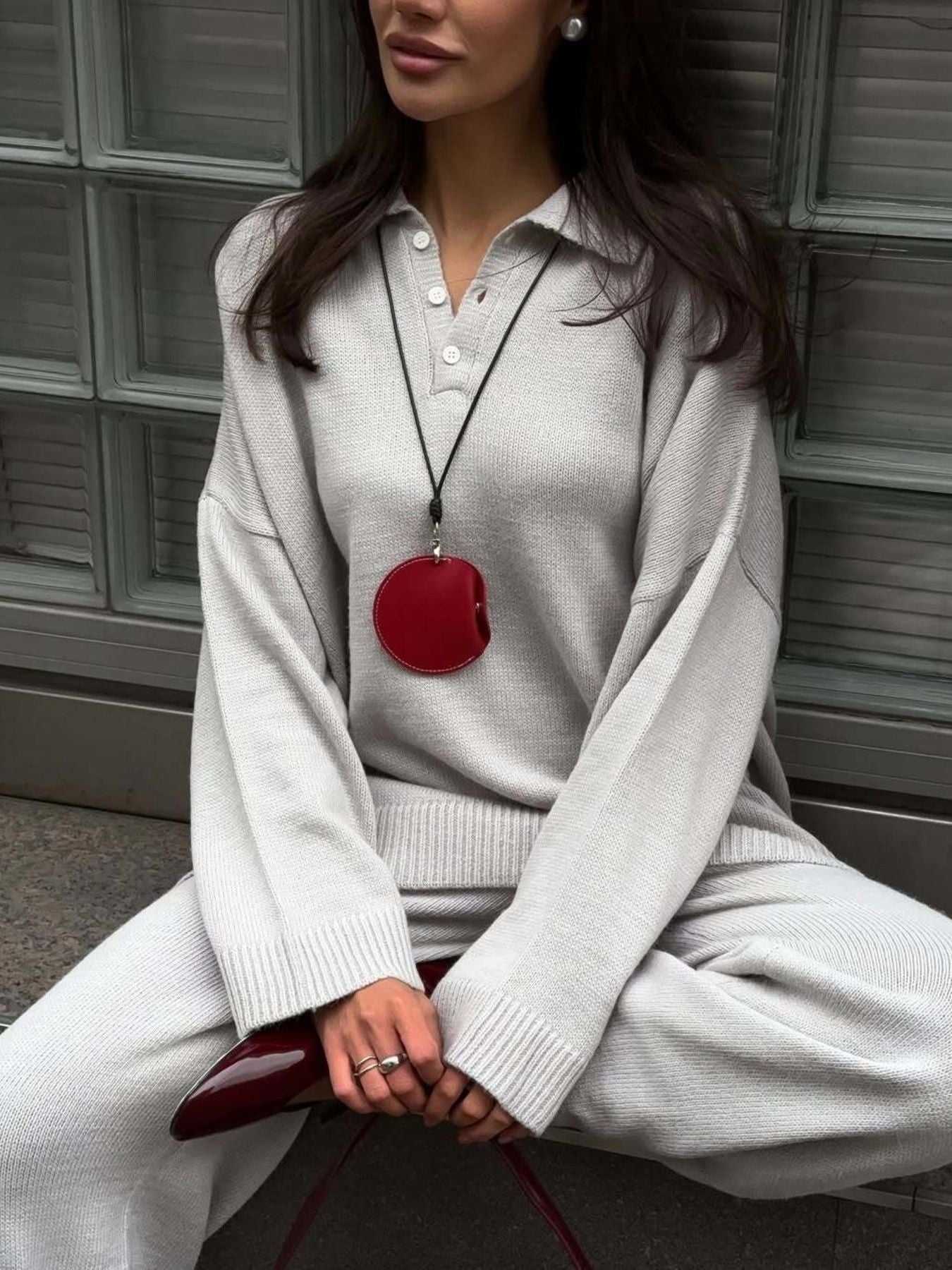 Polo Collar Top and Wide Leg Pants Knit