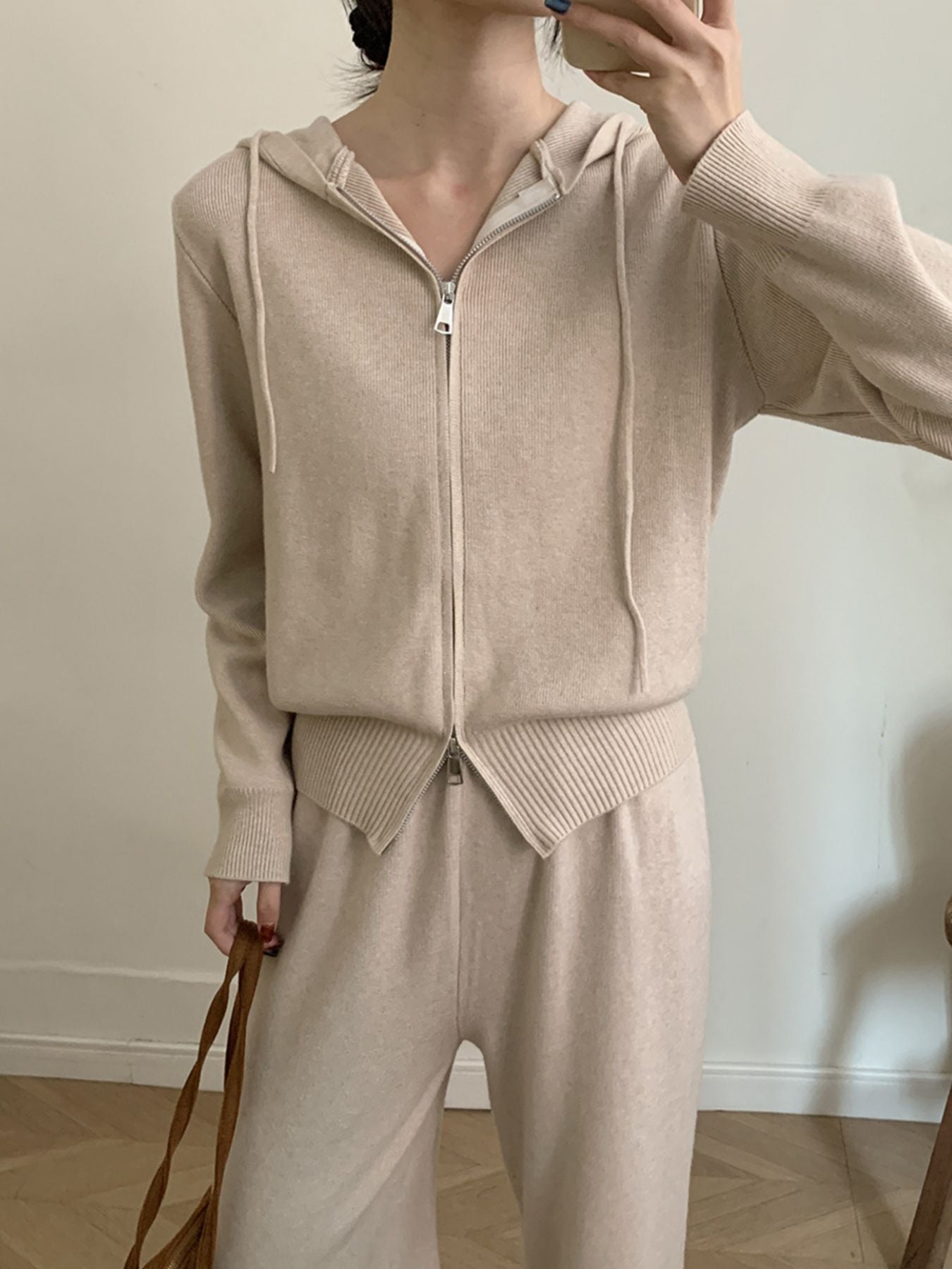 Zip Up Cardigan and Drawstring Wide Leg Pants
