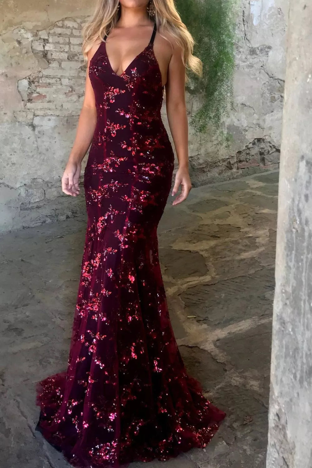 Full Size Sequin Tie Back V-Neck Maxi Dress
