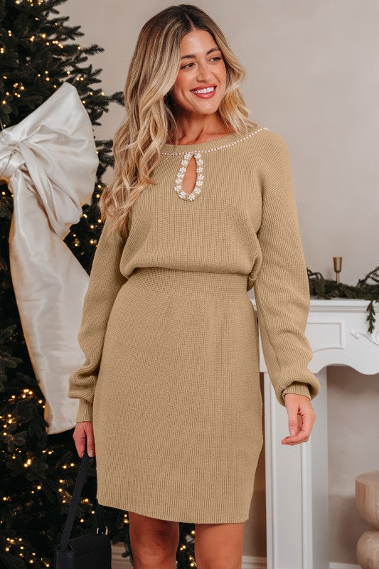 Zariah Embellished Keyhole Ribbed Sweater Dress