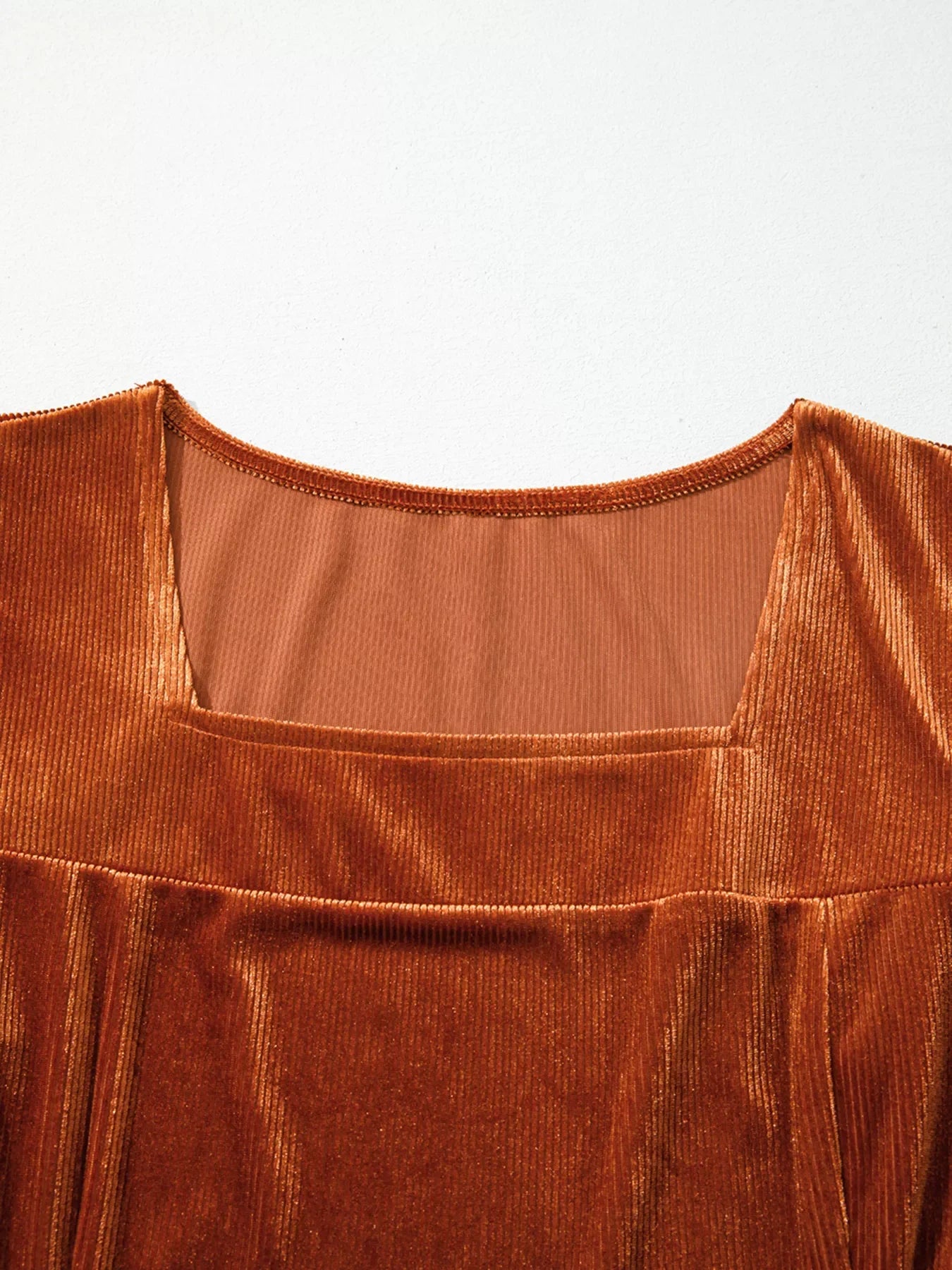 Velvet Ribbed Texture Square Neck Slim Puff Sleeve
