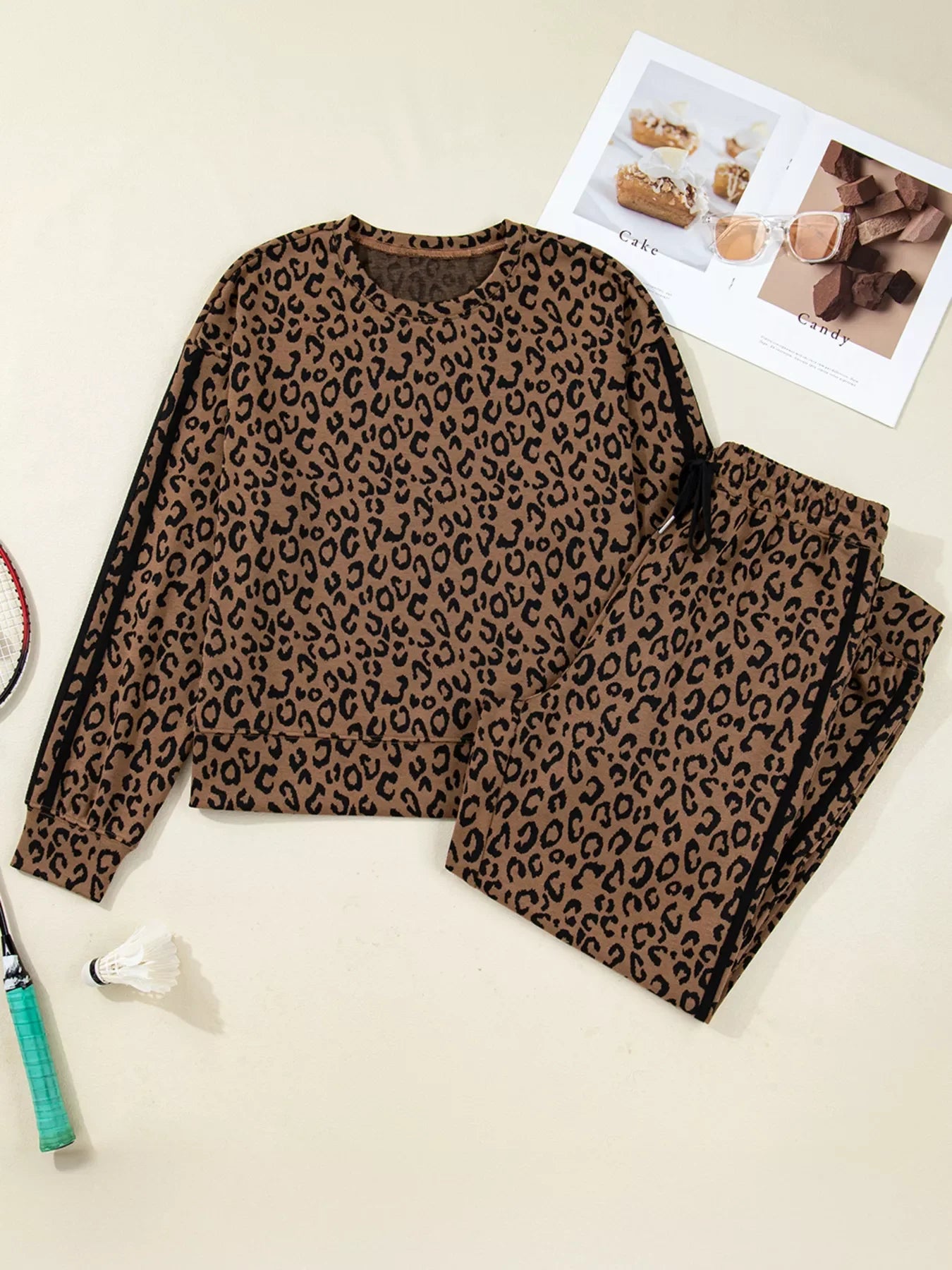 Striped Trim Leopard Long Sleeve Top Drawstring Pant