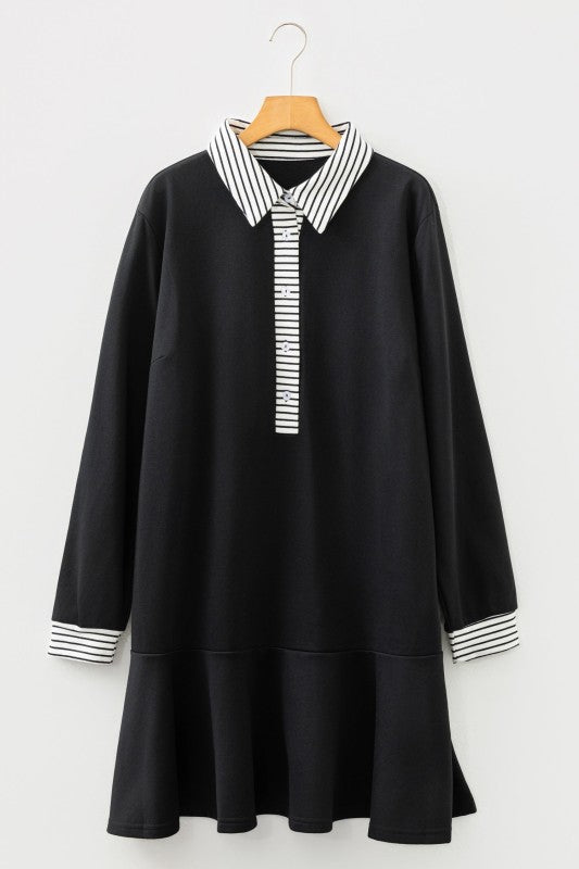 Plus Size Stripe Cuffs Collared Ruffle Hem Dress