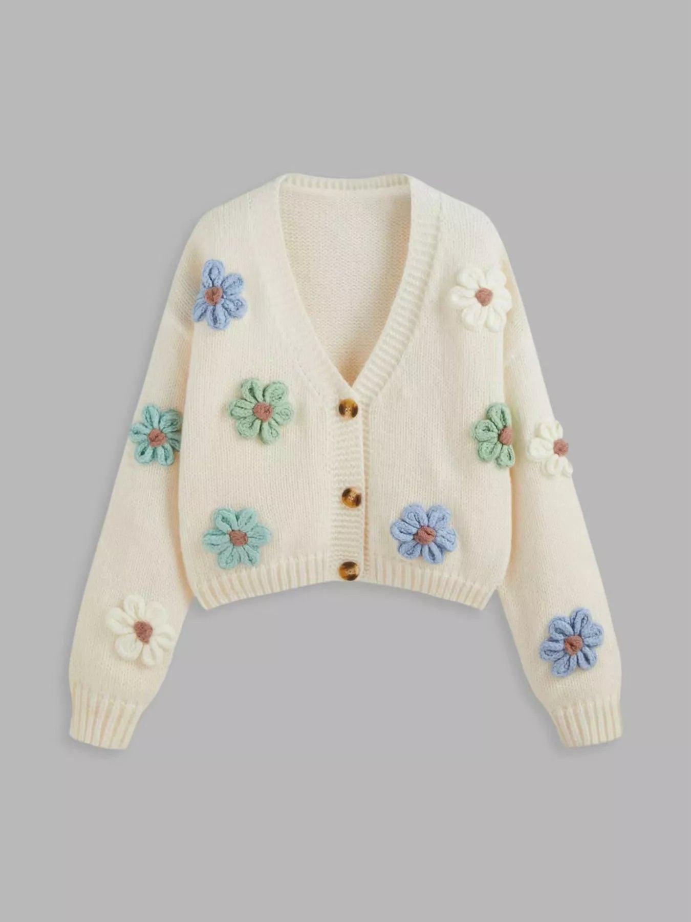 Floral Applique V-Neck Knit Cardigan