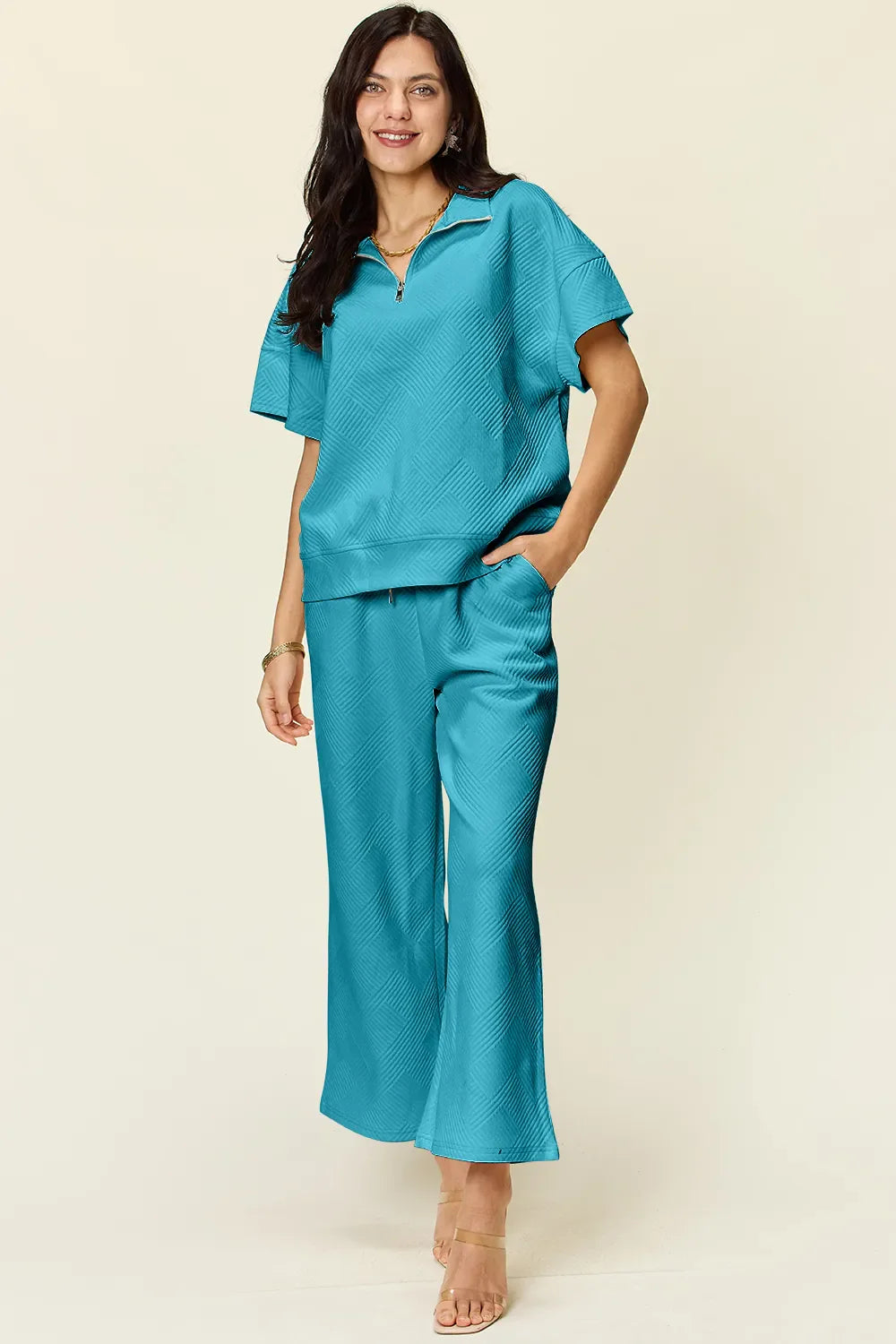 Double Take Full Size Texture Half Zip Short