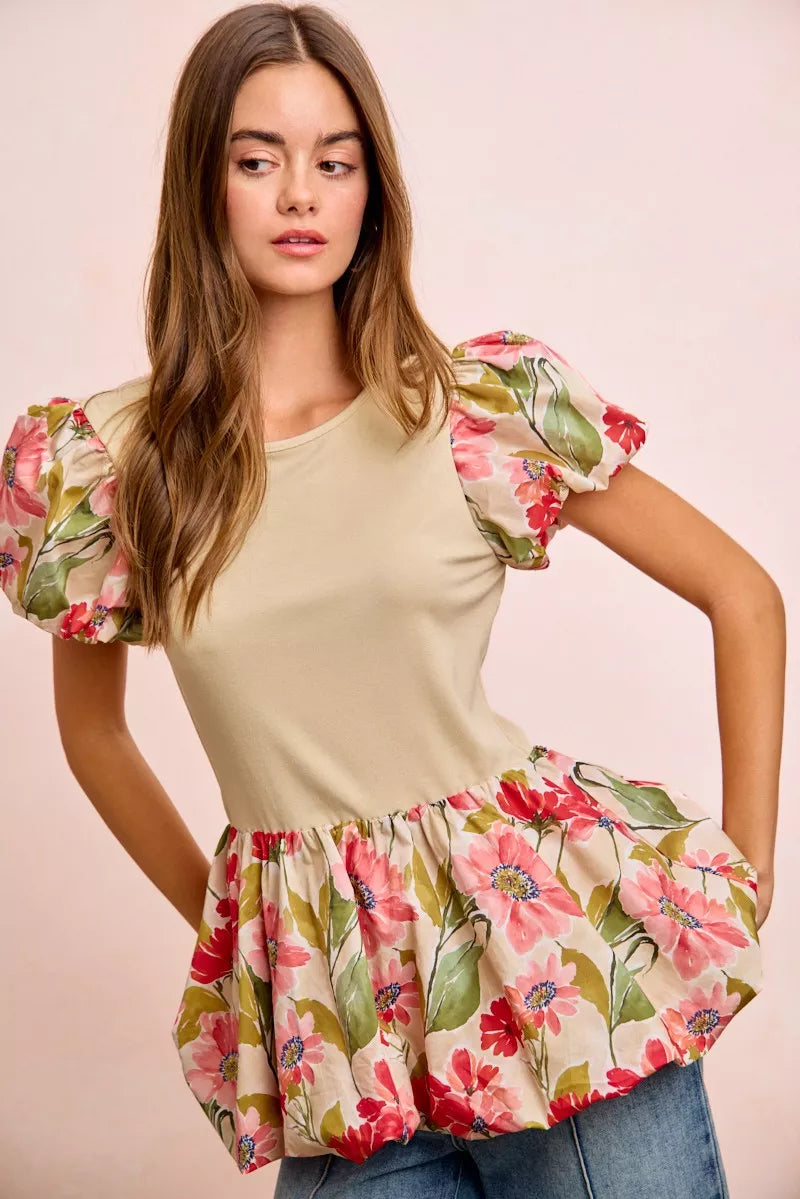 BiBi Floral Printed Bubble Sleeves and Hem Peplum