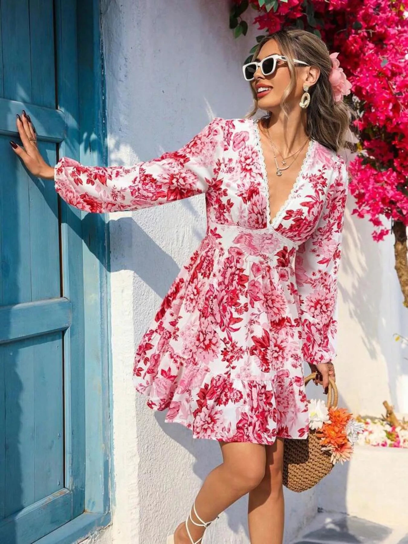 Full Size Floral Print V-Neck Long Sleeve Ruffle