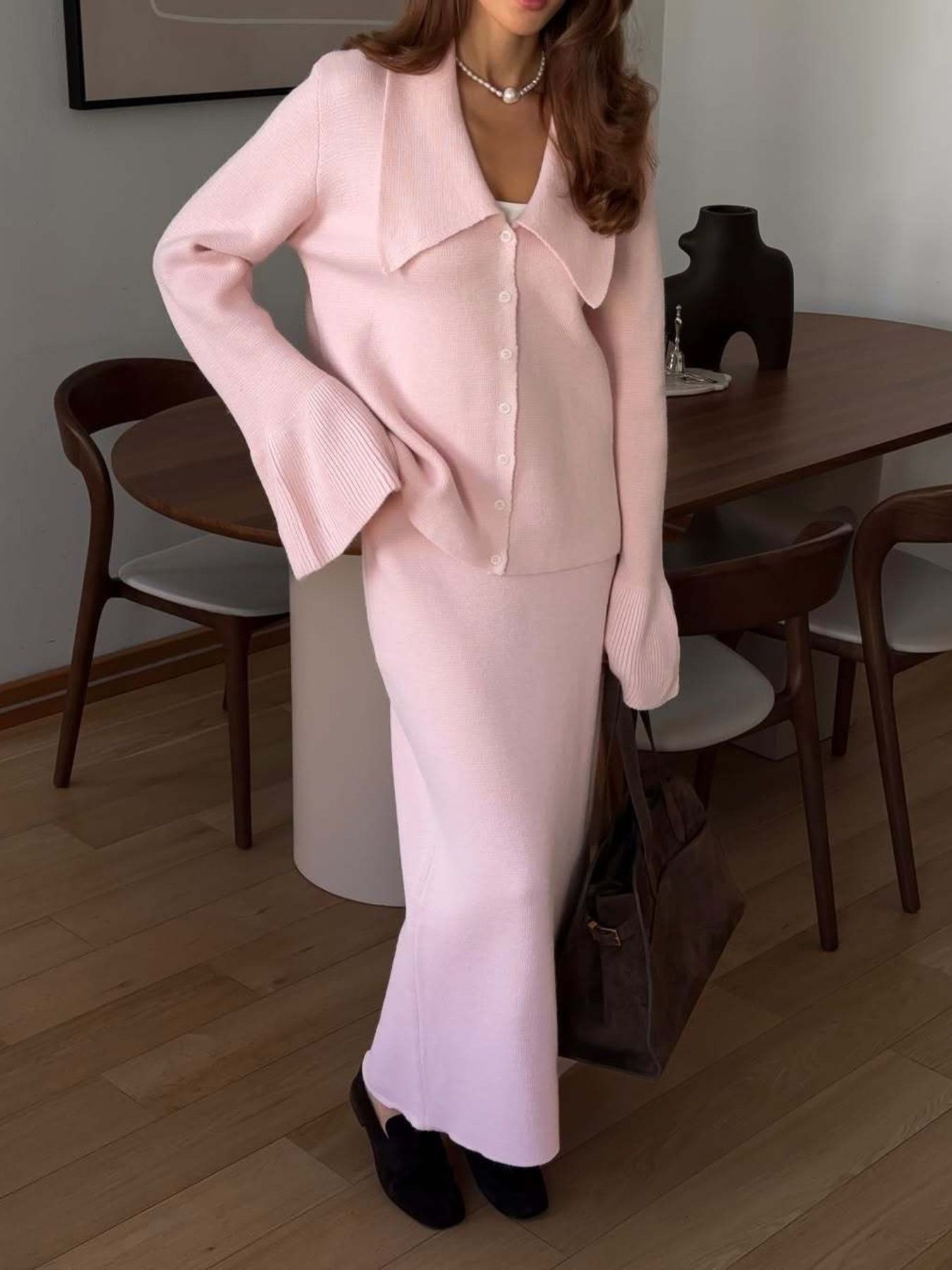 Button Down Long Sleeve Cardigan and Skirt Knit