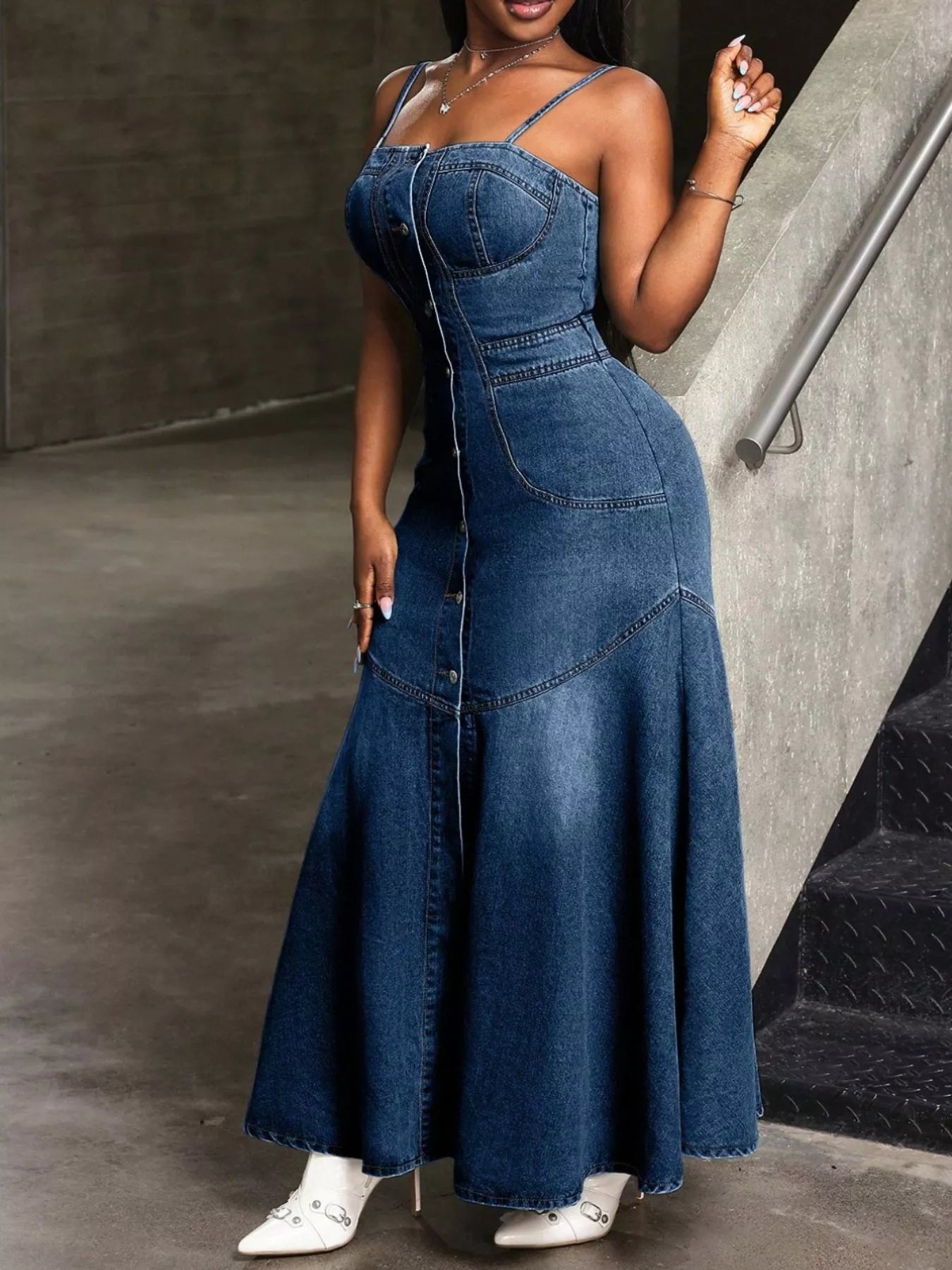 Button Front Sleeveless Denim Dress