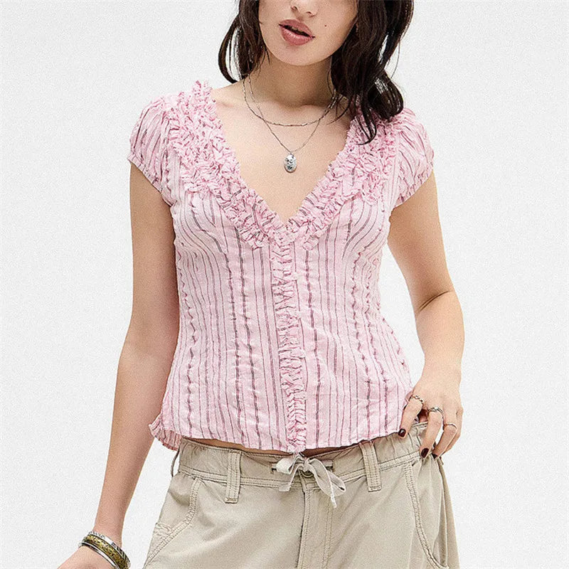 V Neck Ruffle Tee Short Sleeve