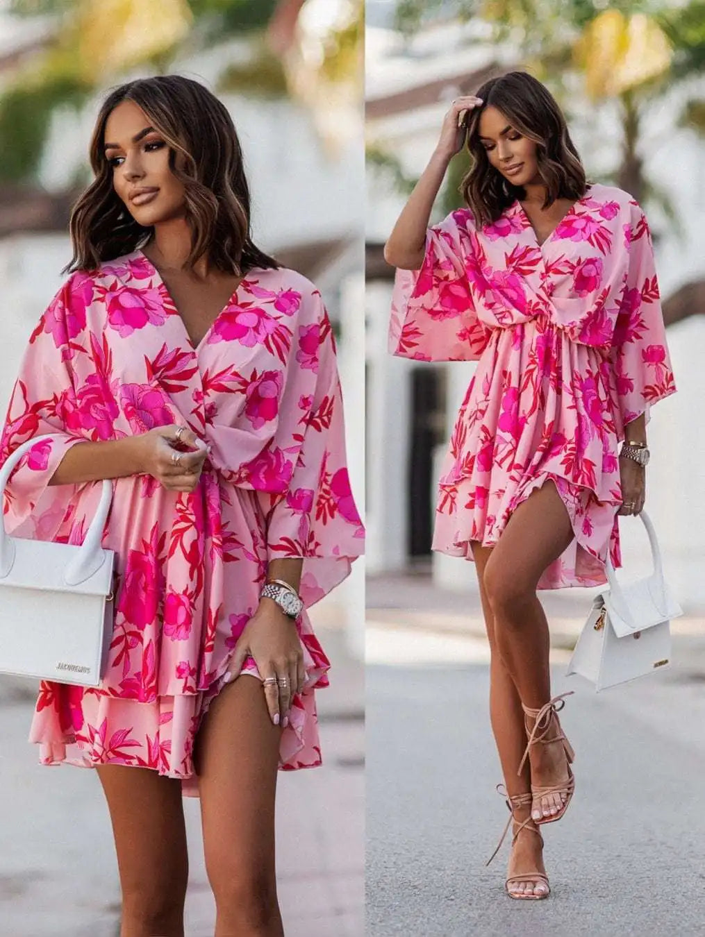 Orange & Pink Floral Wrap Mini Dress