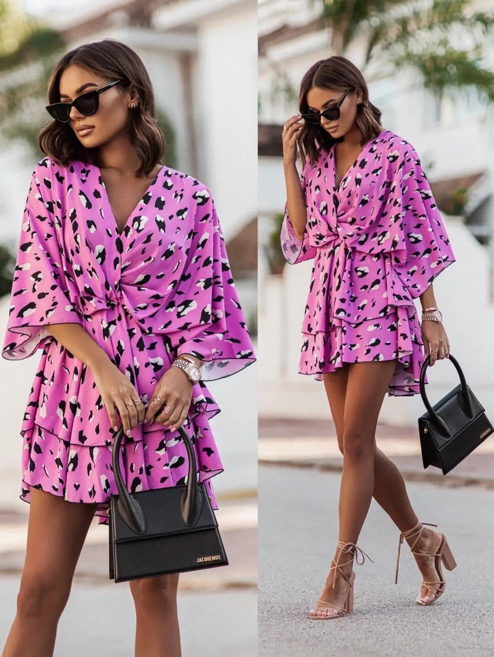 Orange & Pink Floral Wrap Mini Dress