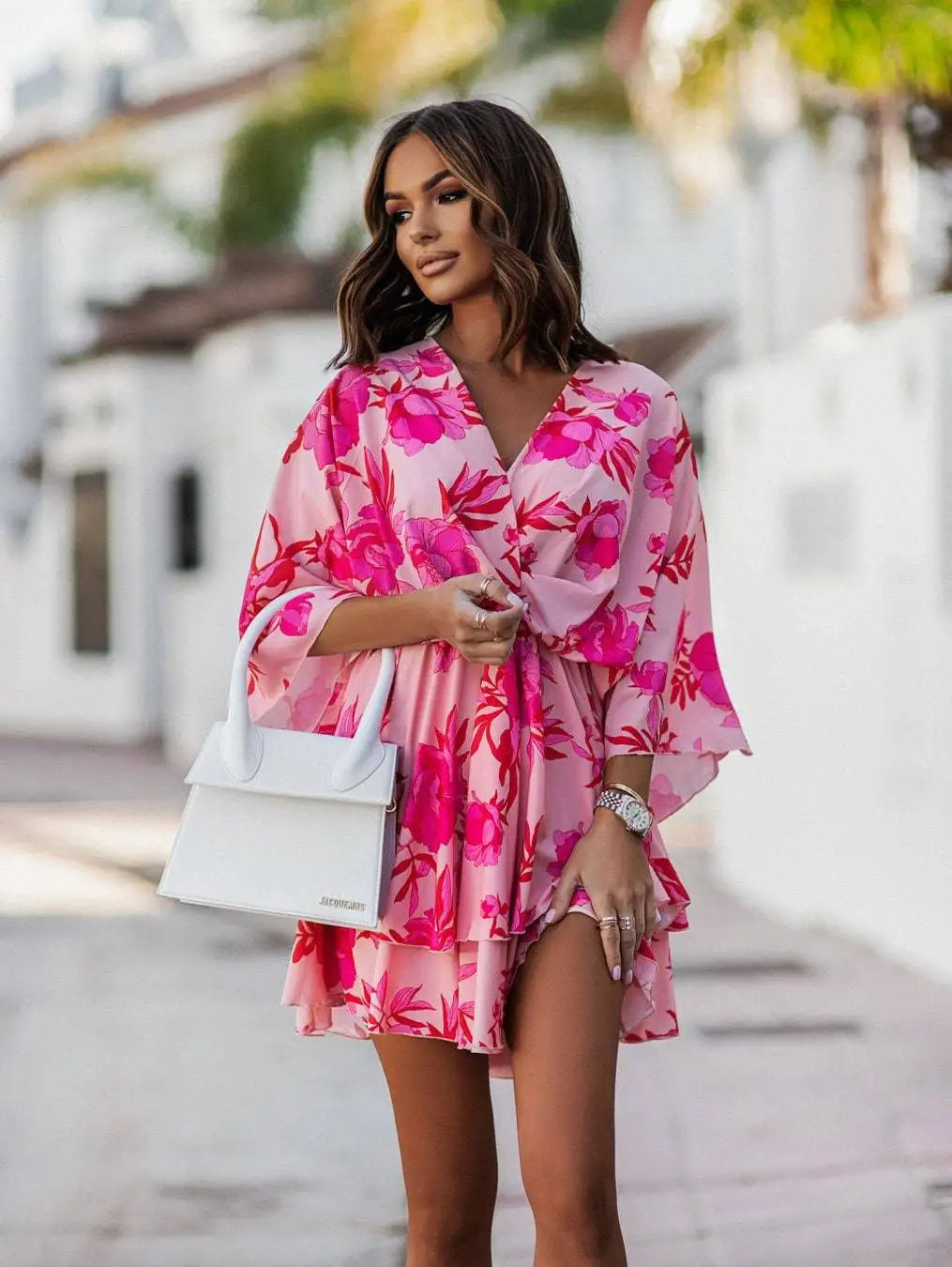 Orange & Pink Floral Wrap Mini Dress