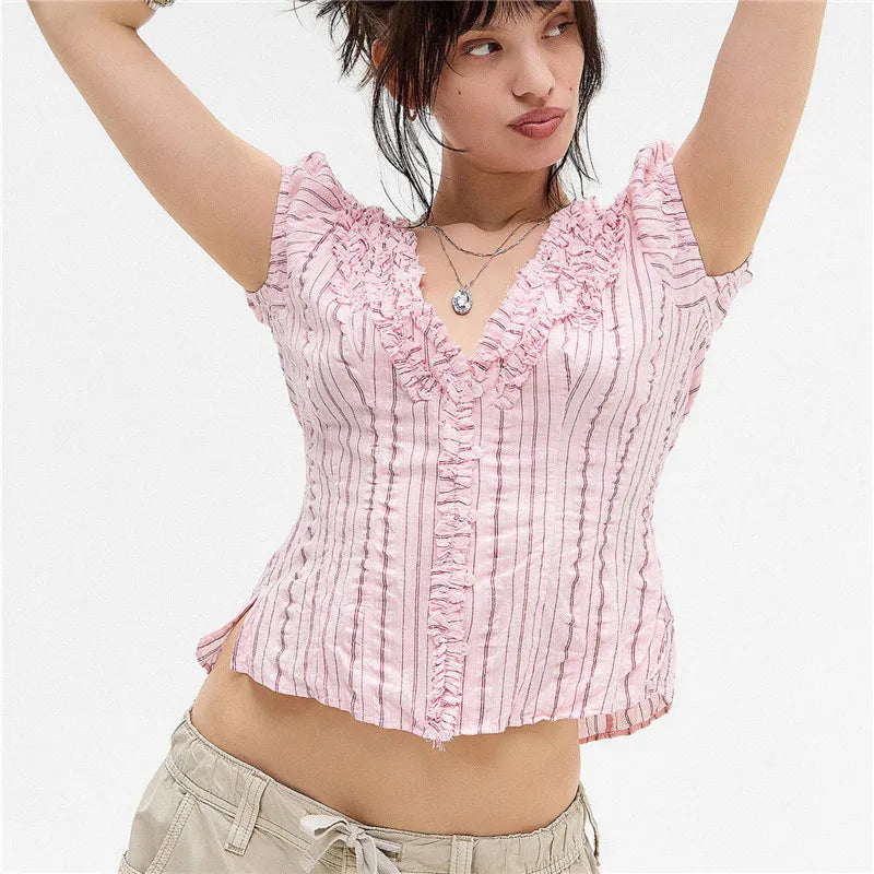 V Neck Ruffle Tee Short Sleeve
