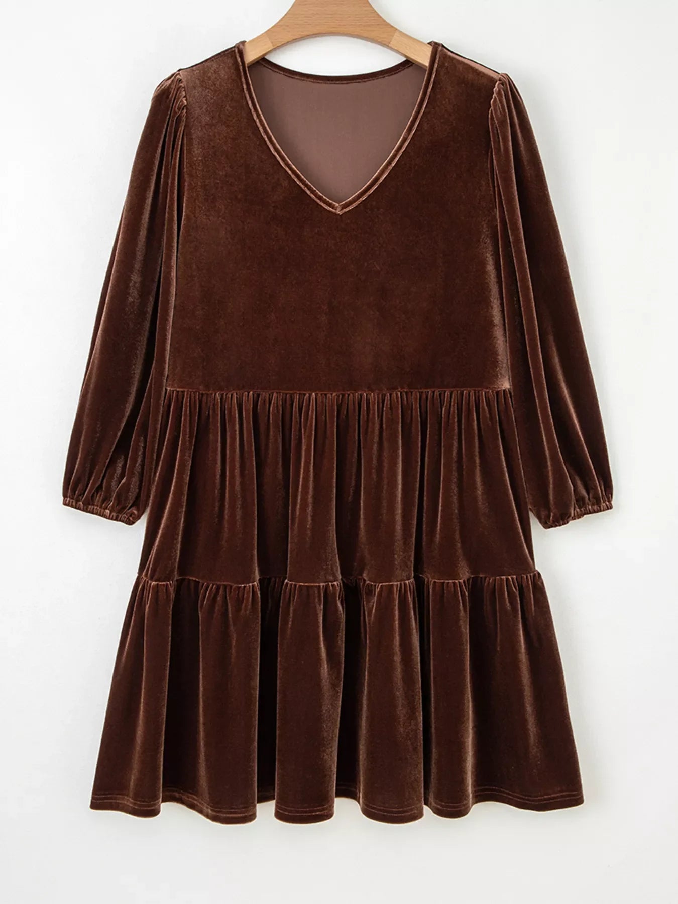Solid Color Velvet V Neck Long Sleeve Tiered
