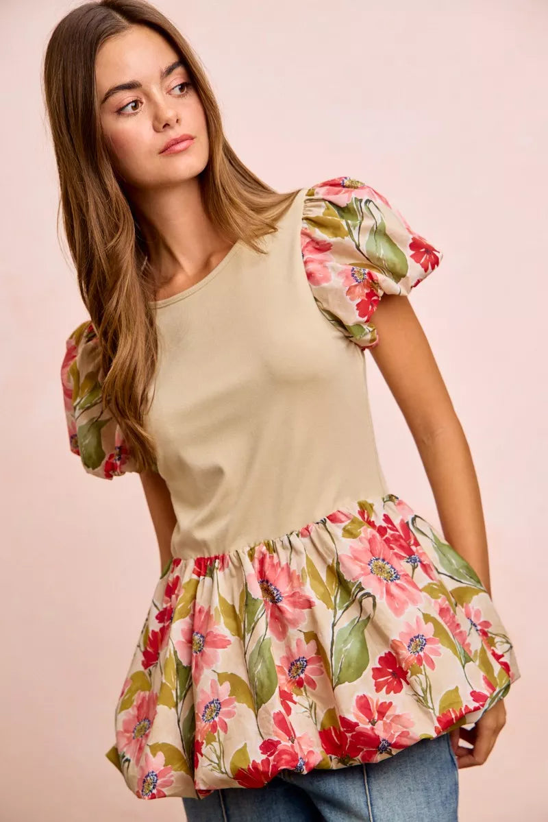 BiBi Floral Printed Bubble Sleeves and Hem Peplum