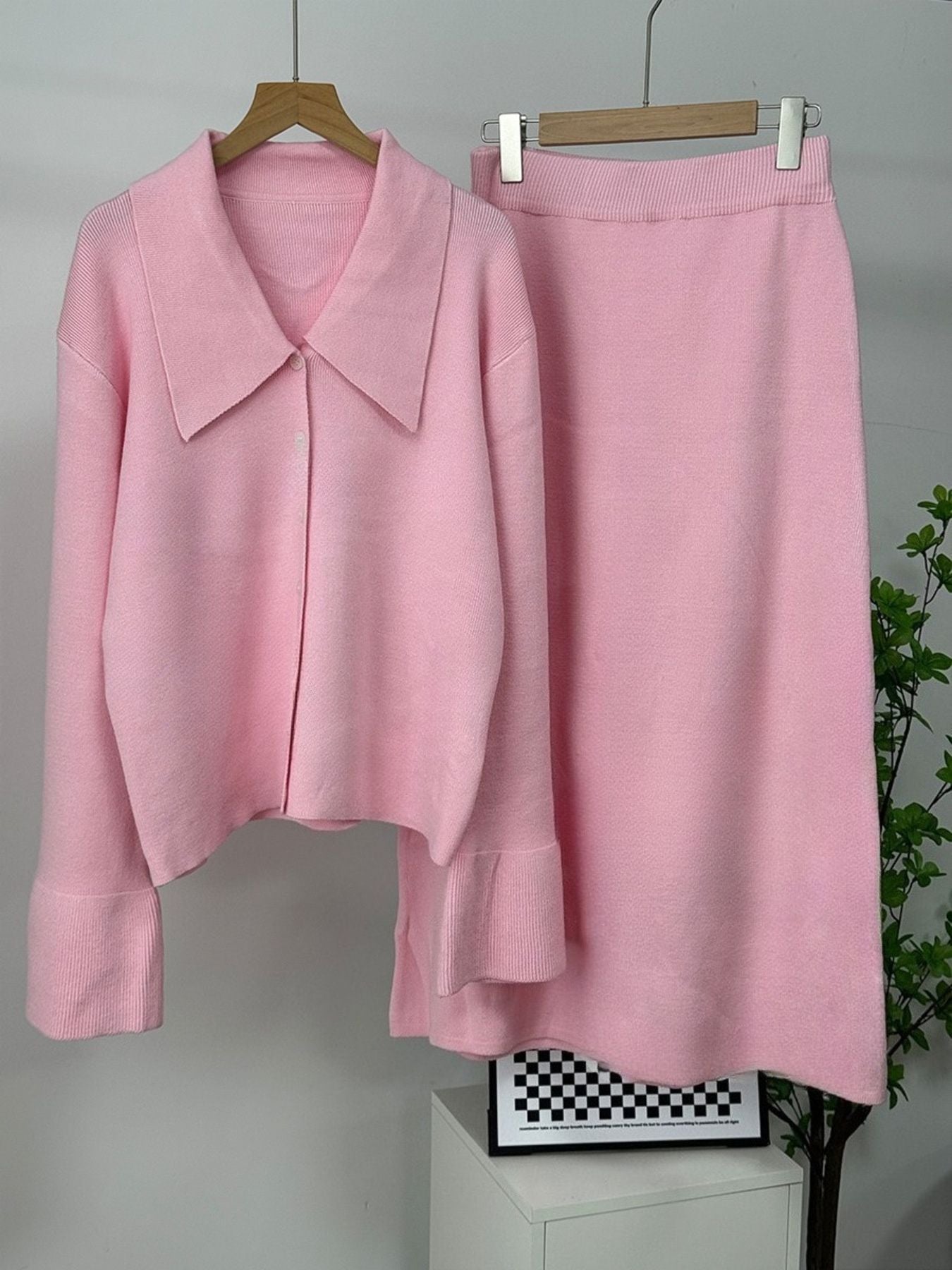Button Down Long Sleeve Cardigan and Skirt Knit