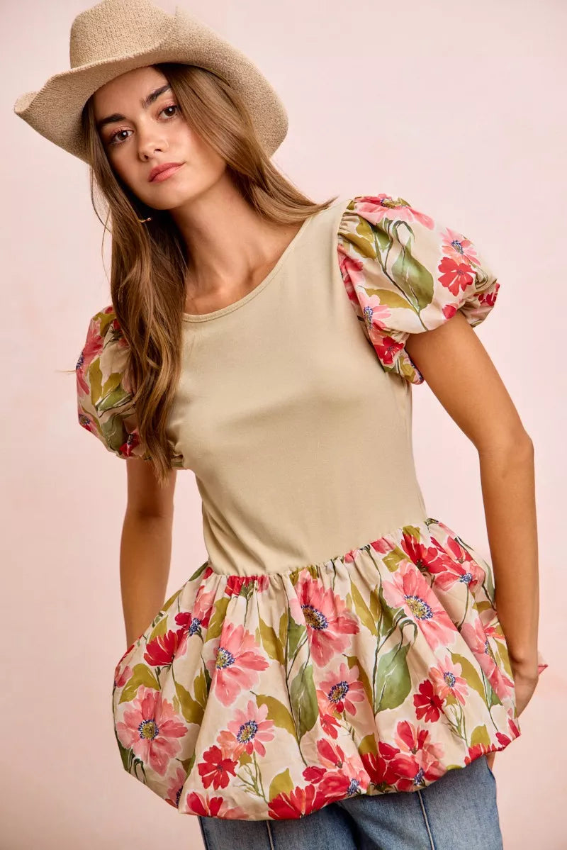 BiBi Floral Printed Bubble Sleeves and Hem Peplum