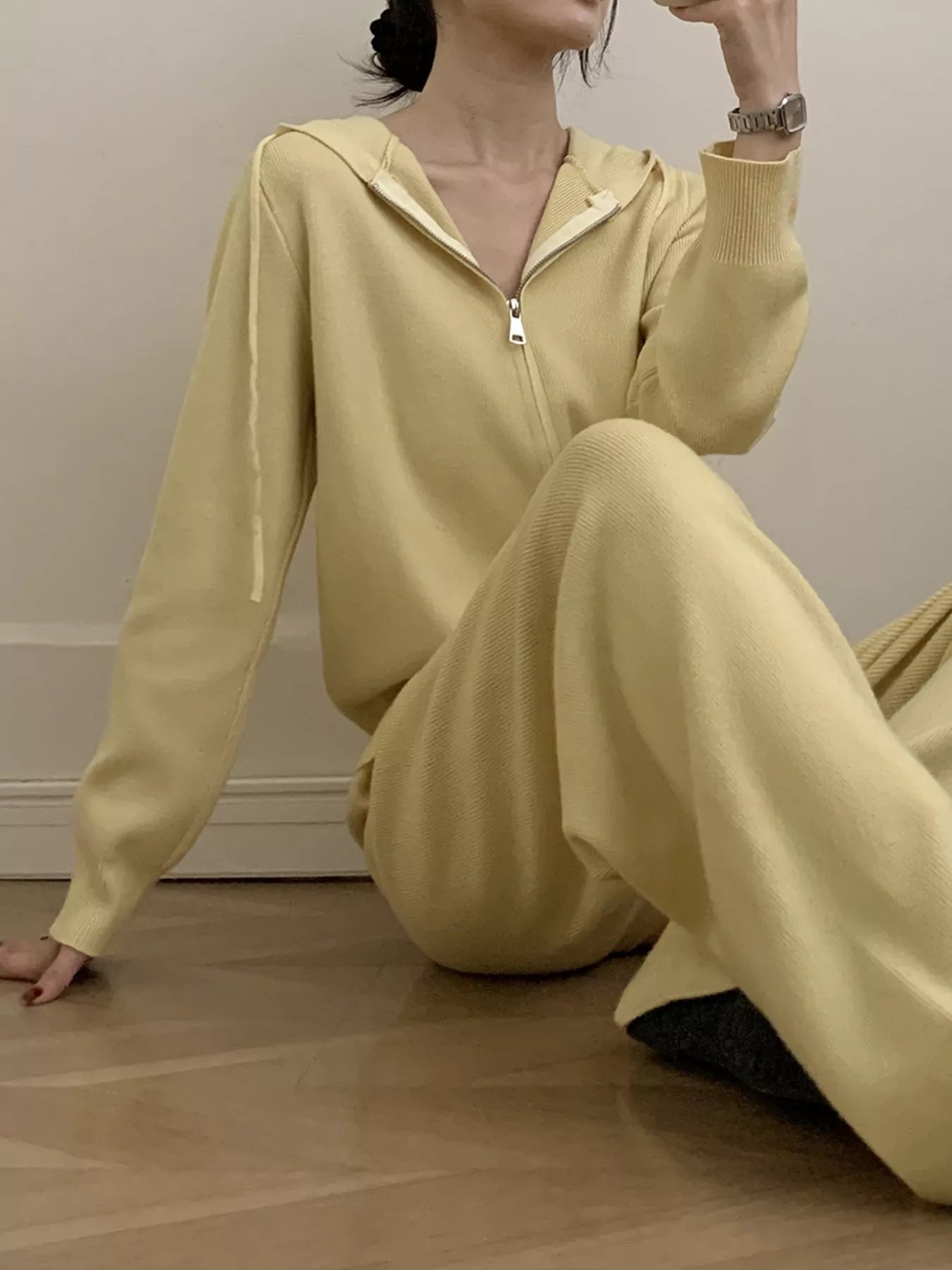 Zip Up Cardigan and Drawstring Wide Leg Pants