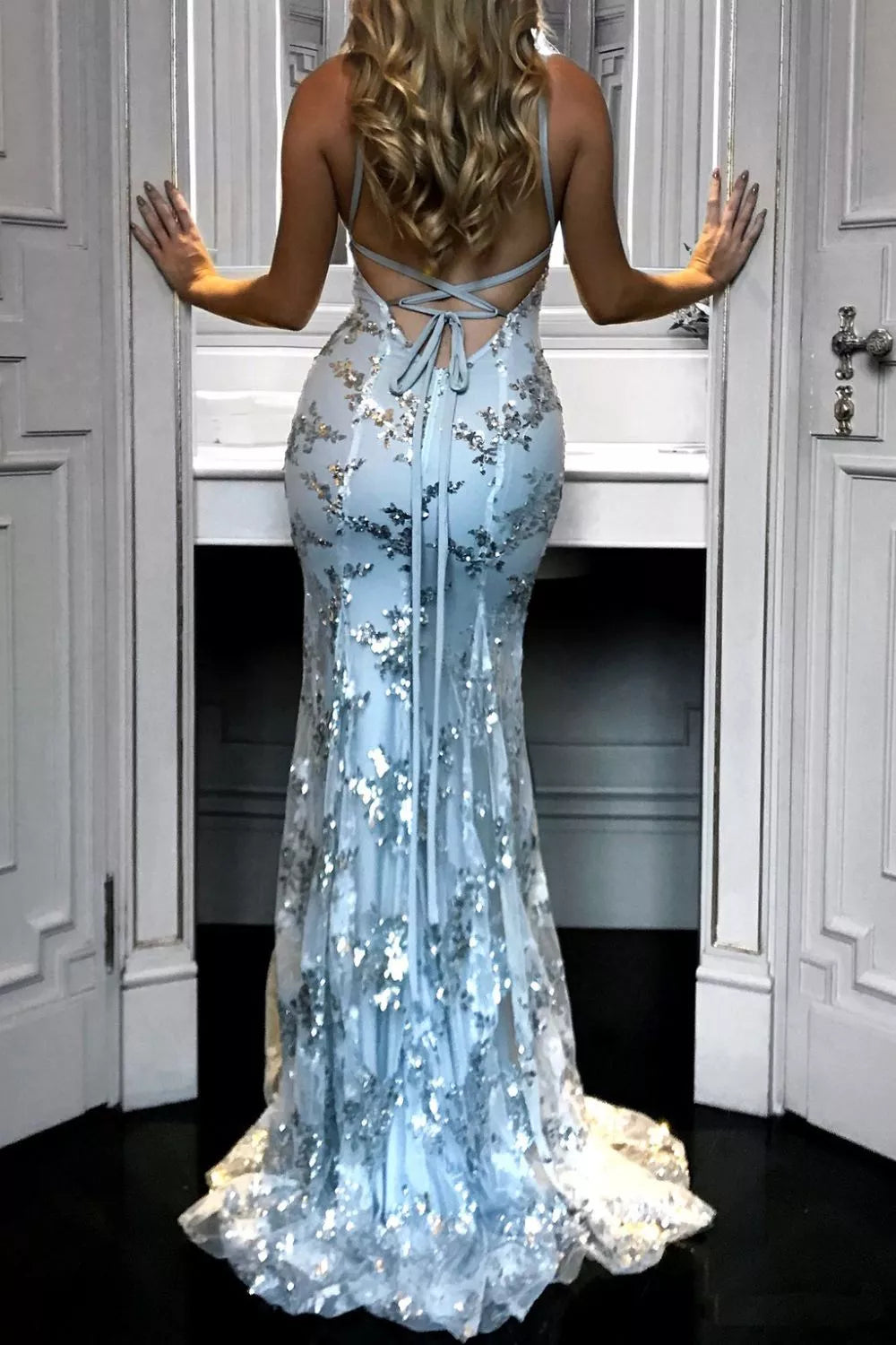 Full Size Sequin Tie Back V-Neck Maxi Dress
