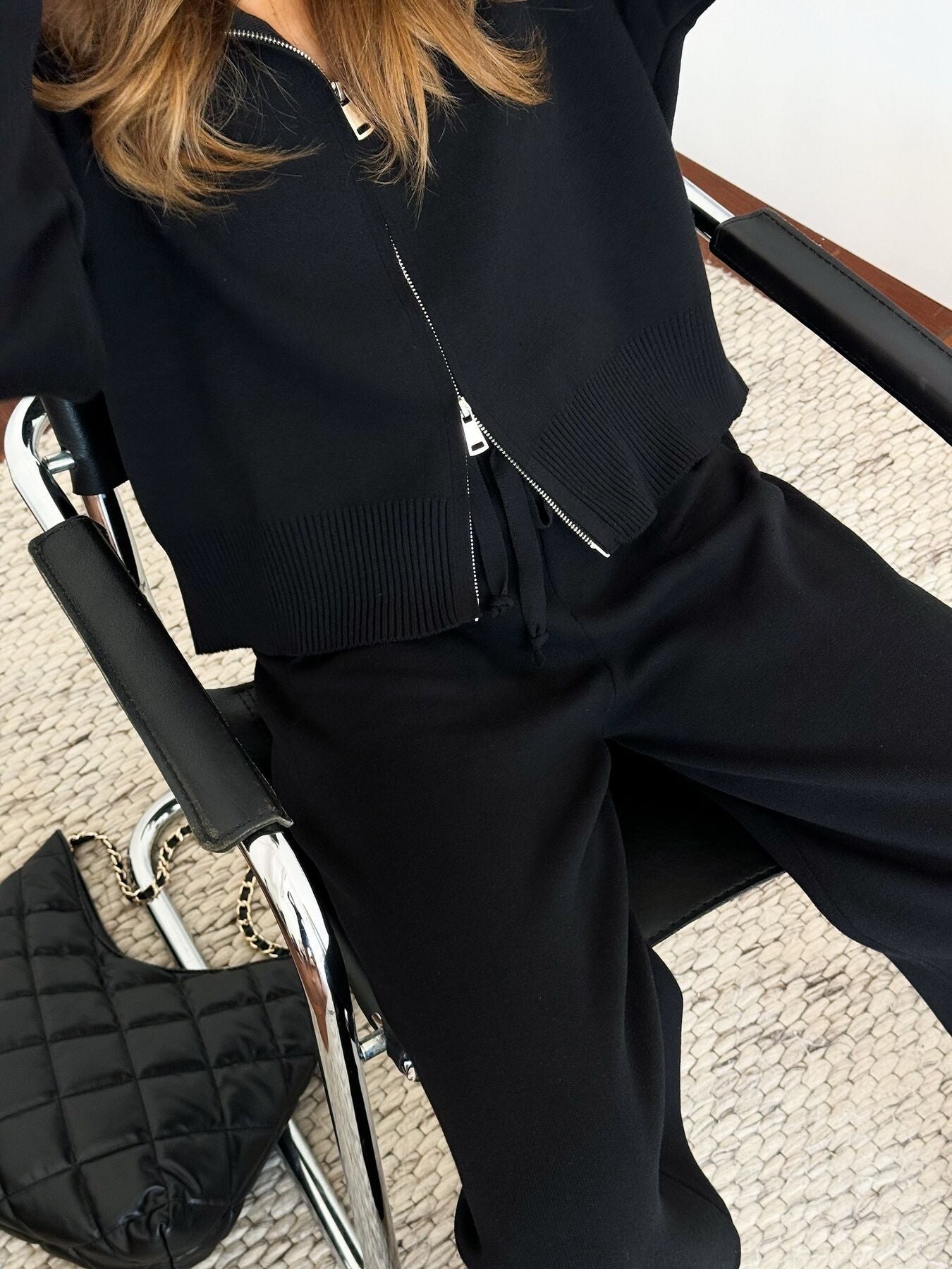 Zip Up Cardigan and Drawstring Wide Leg Pants