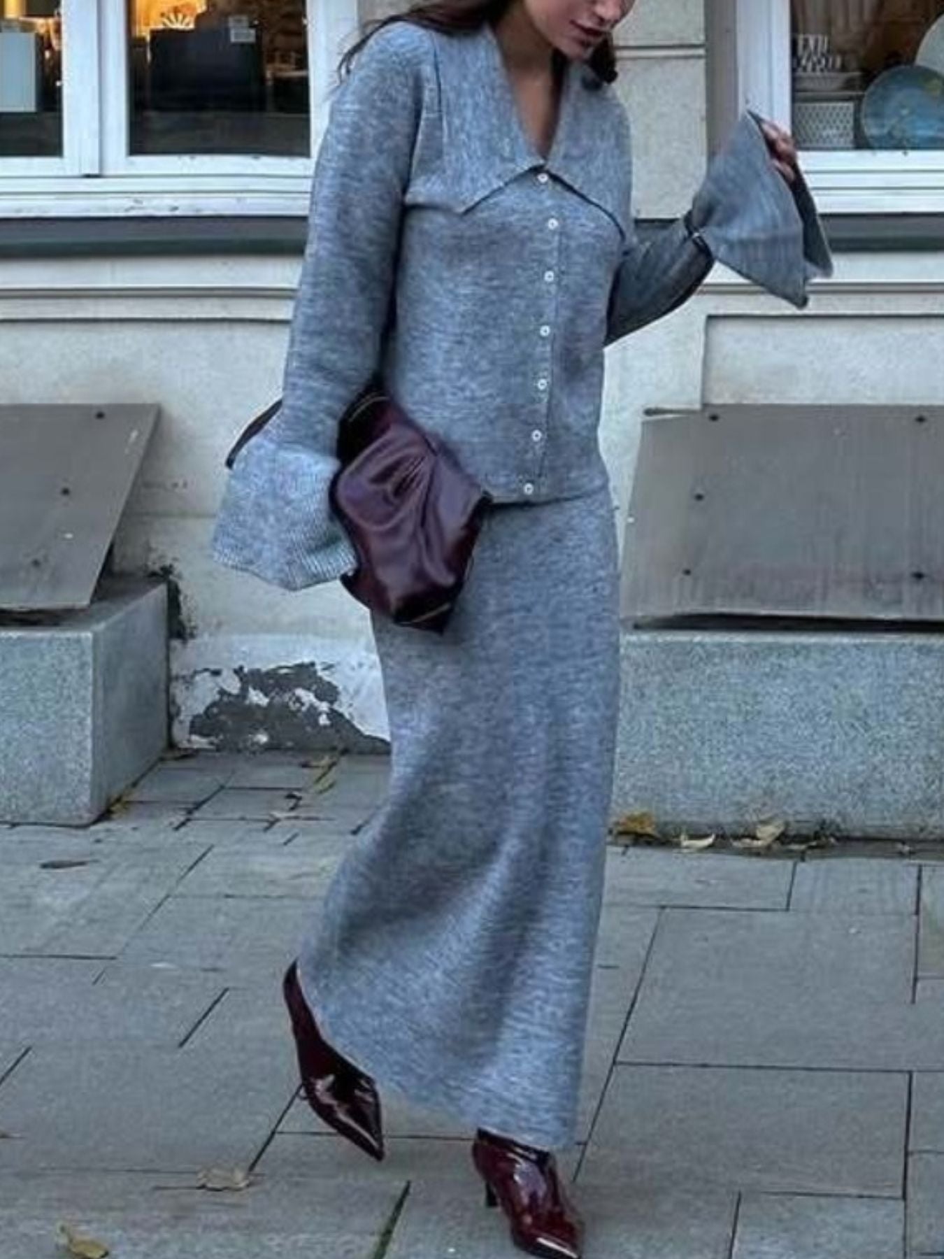 Button Down Long Sleeve Cardigan and Skirt Knit