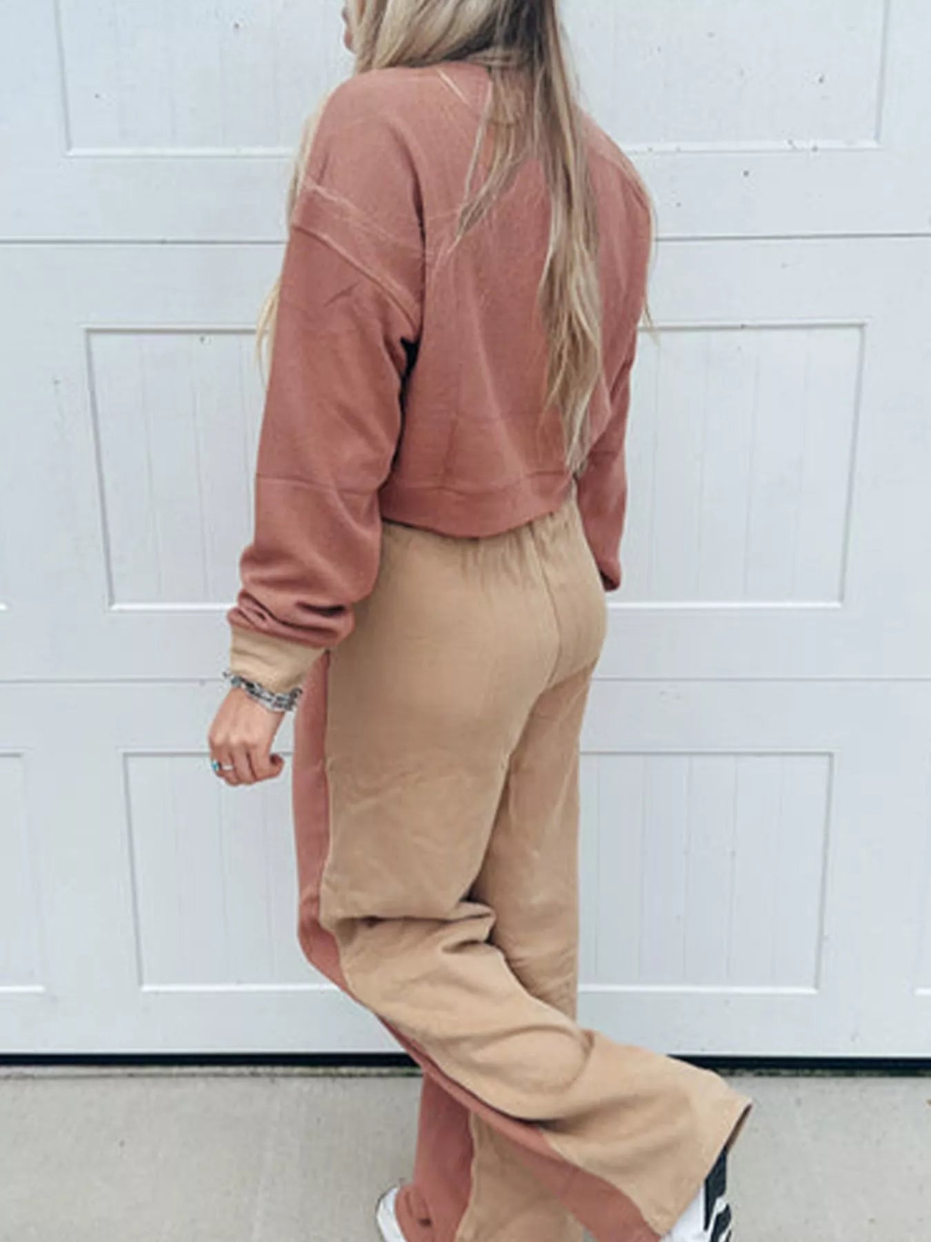Color Block Long Sleeve Crop Top Drawstring Pant
