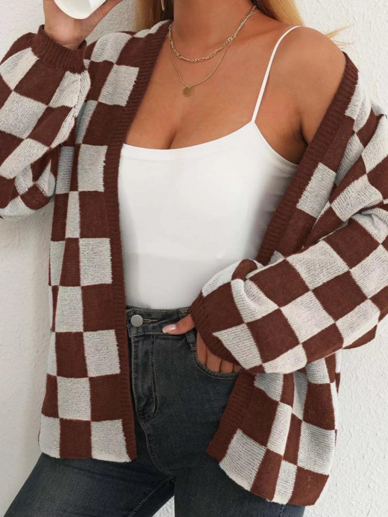Checkerboard Pattern Open Front Knit Cardigan