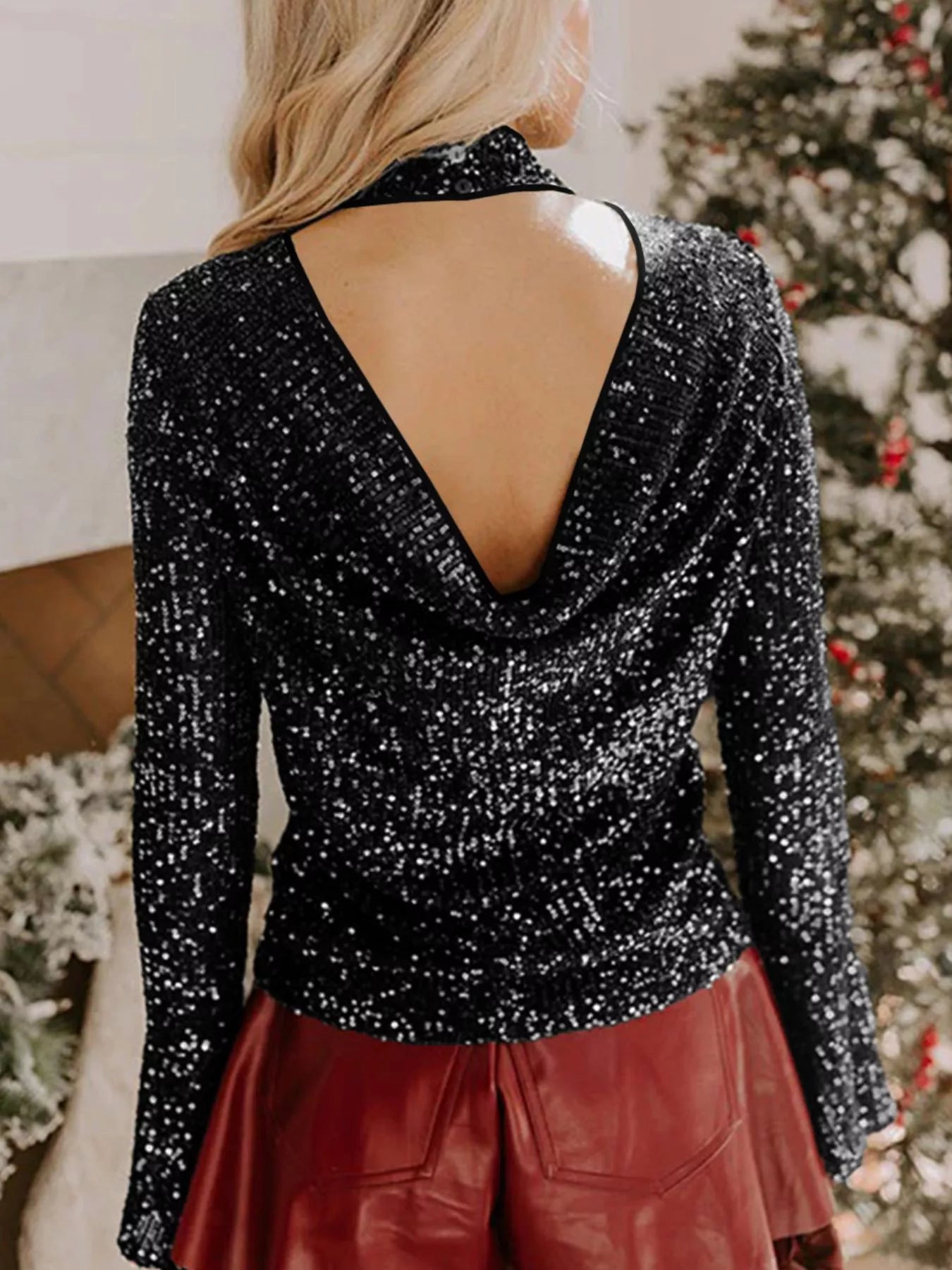 Sequin Mock Neck Drape Open Back Bell Sleeve